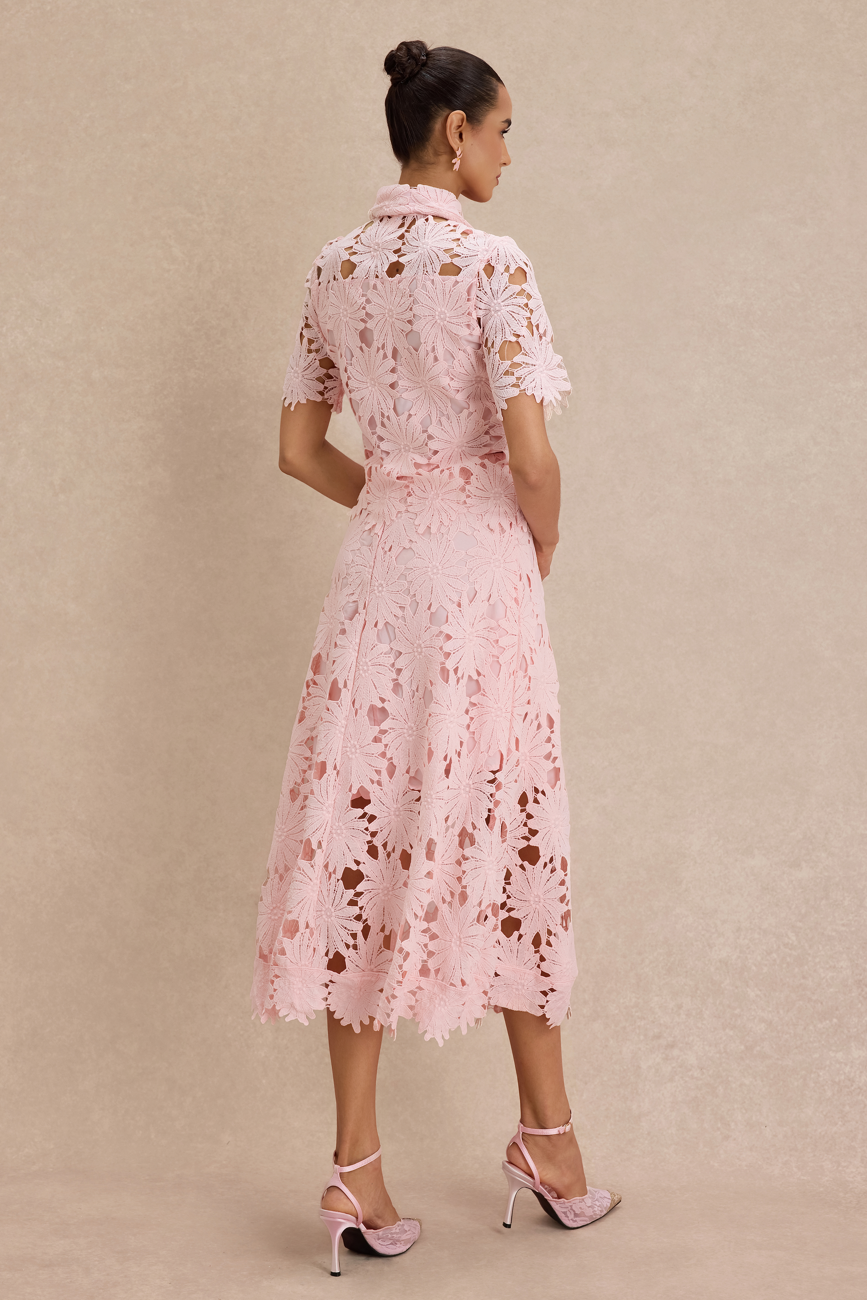 Lace Shirt Collar Single Breasted Top & Midi Skirt Set