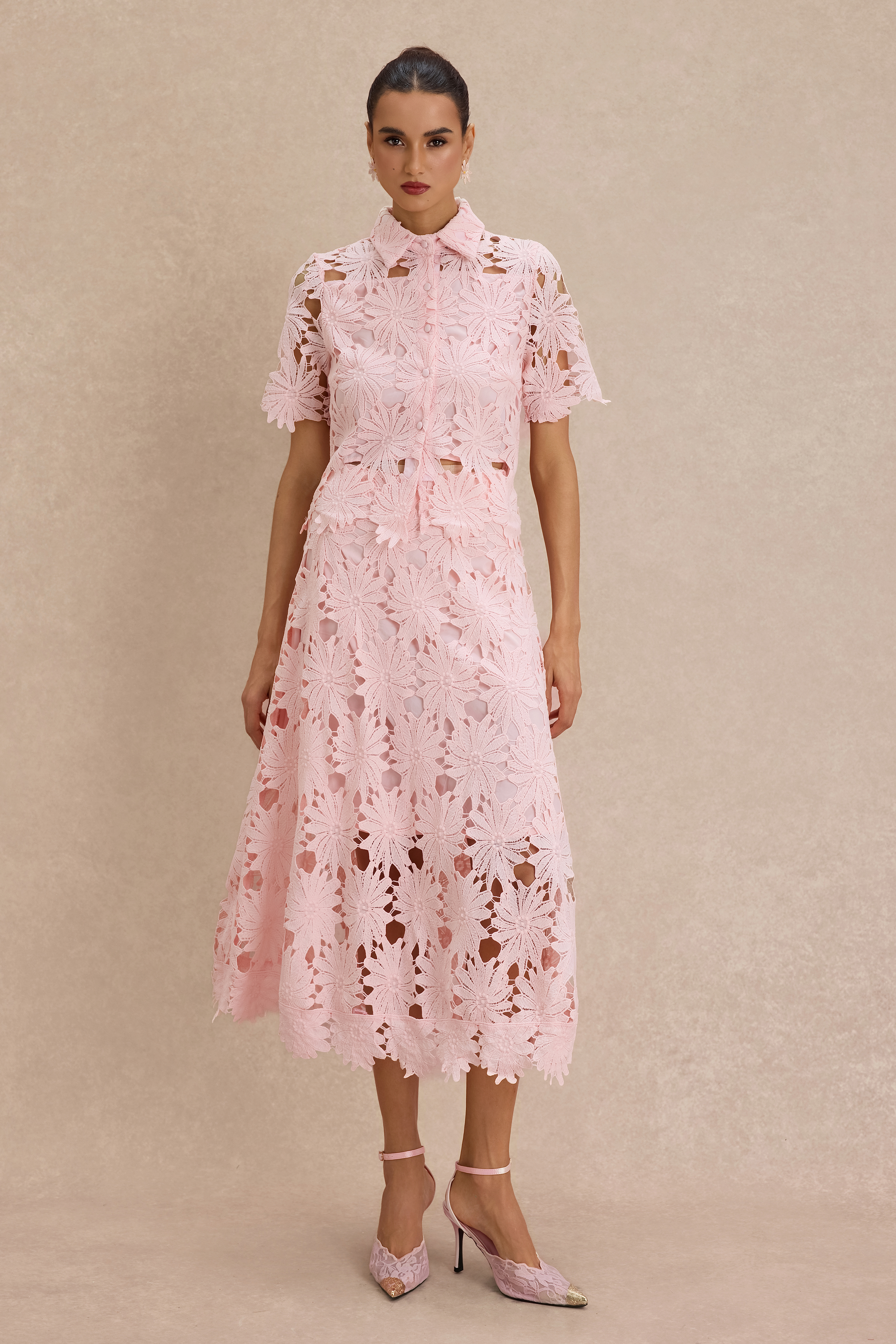 Lace Shirt Collar Single Breasted Top & Midi Skirt Set