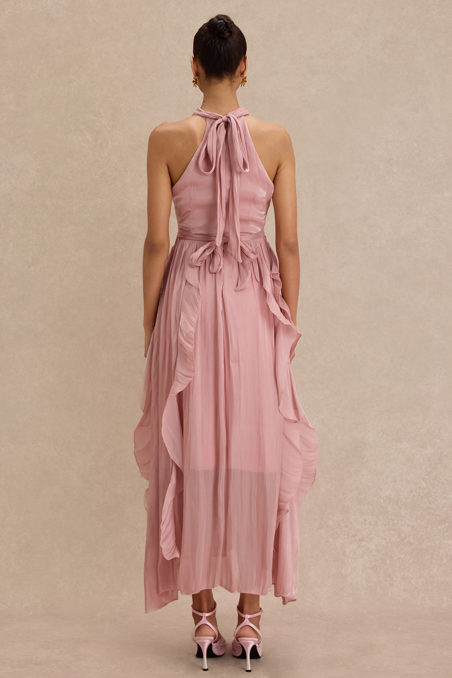 Satin Ruffle Sleeveless Maxi Dress