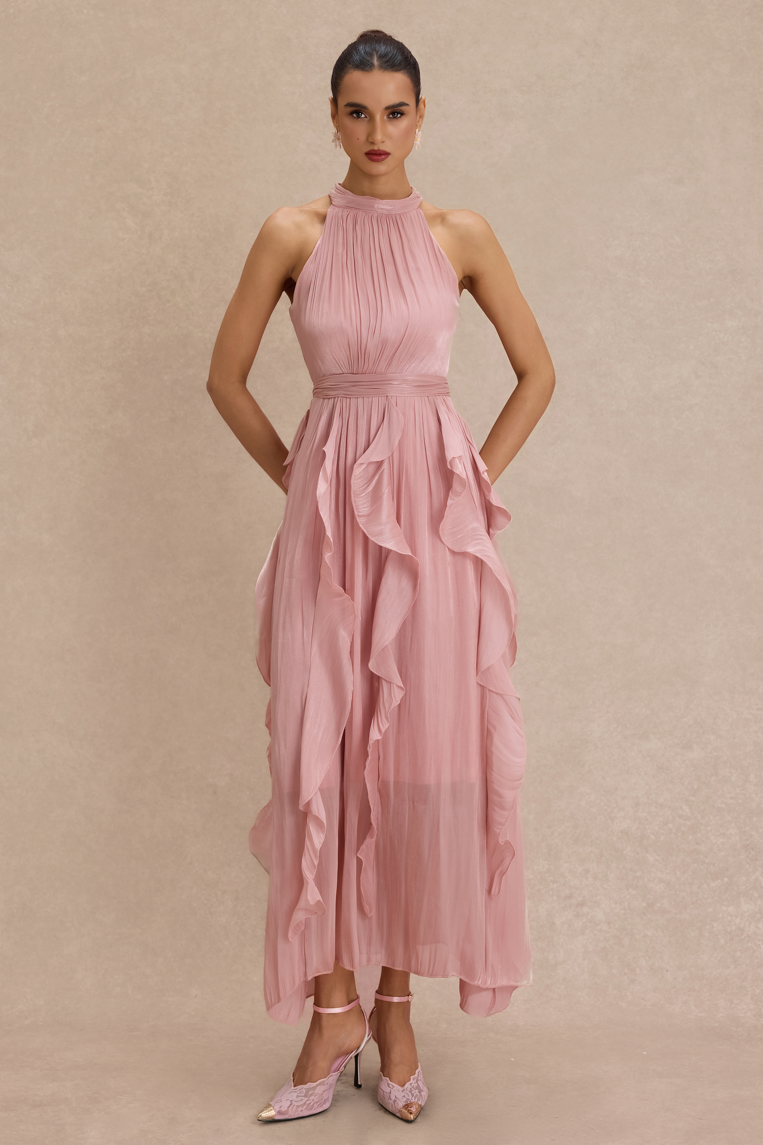 Satin Ruffle Sleeveless Maxi Dress