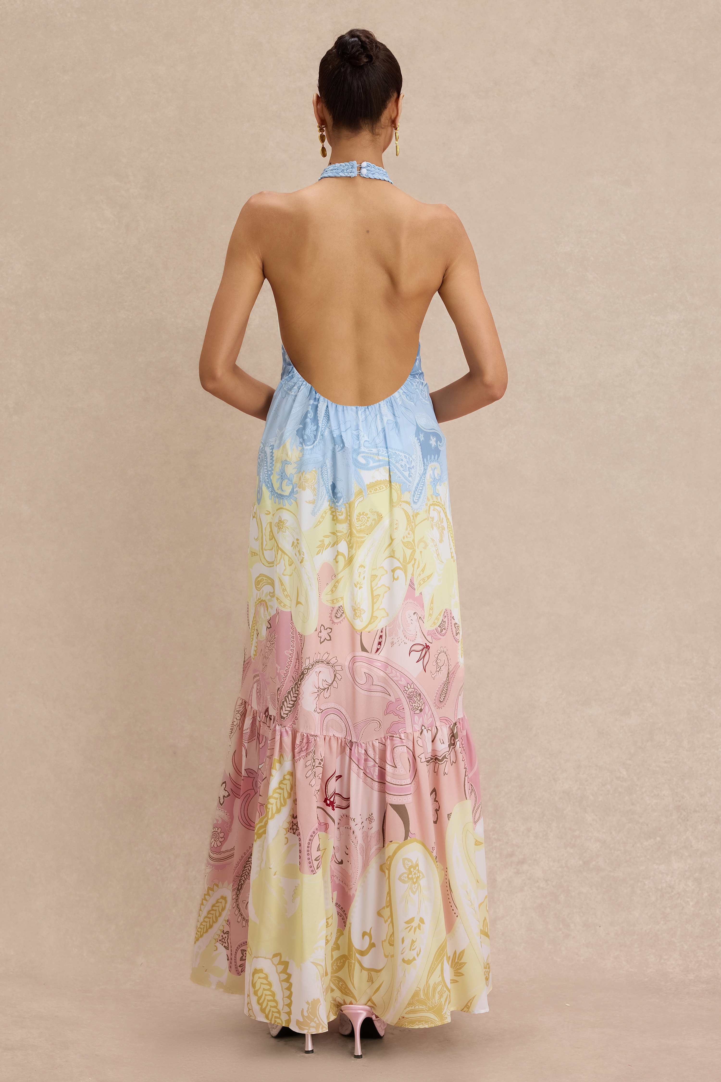 Paisley Print Halter Neck Backless Maxi Dress