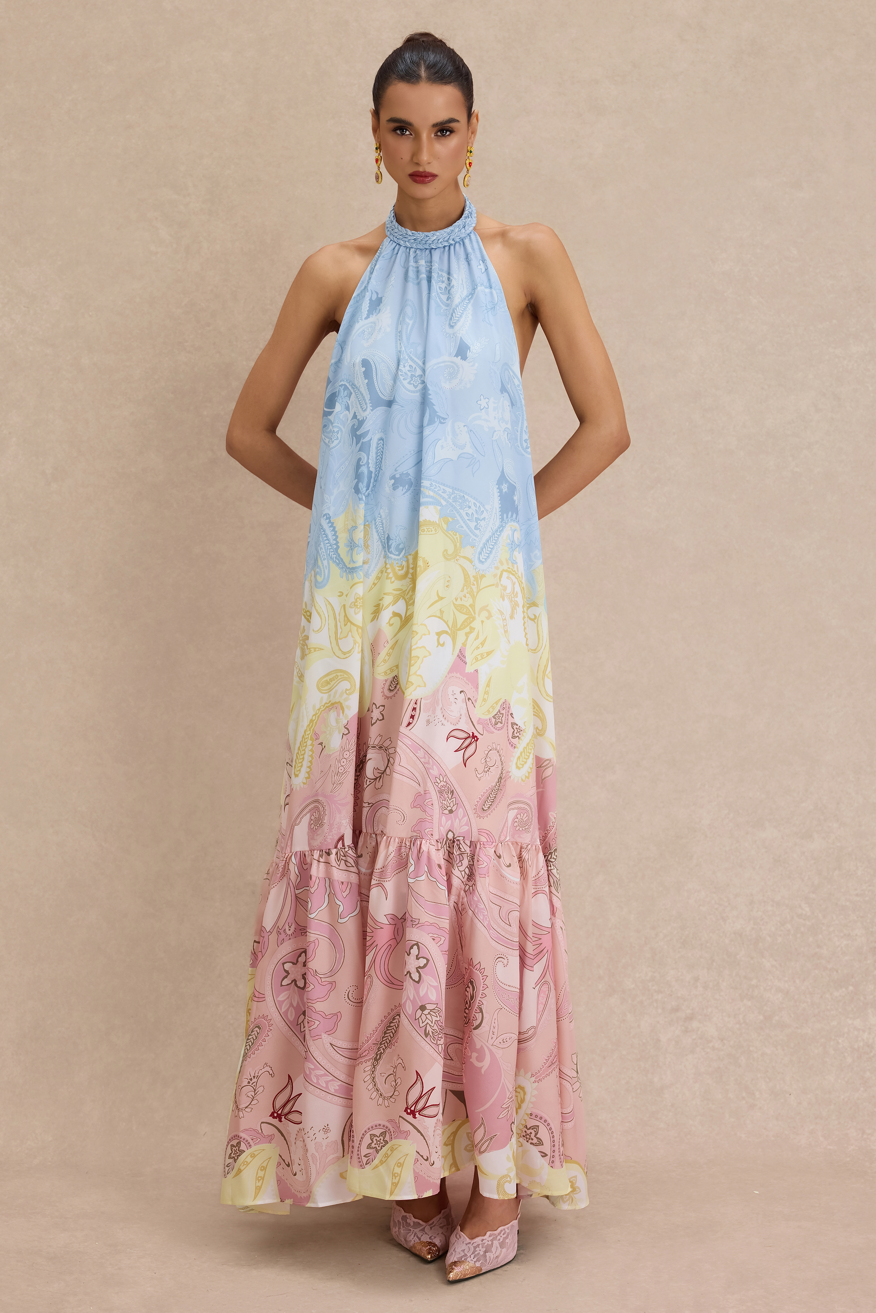 Paisley Print Halter Neck Backless Maxi Dress