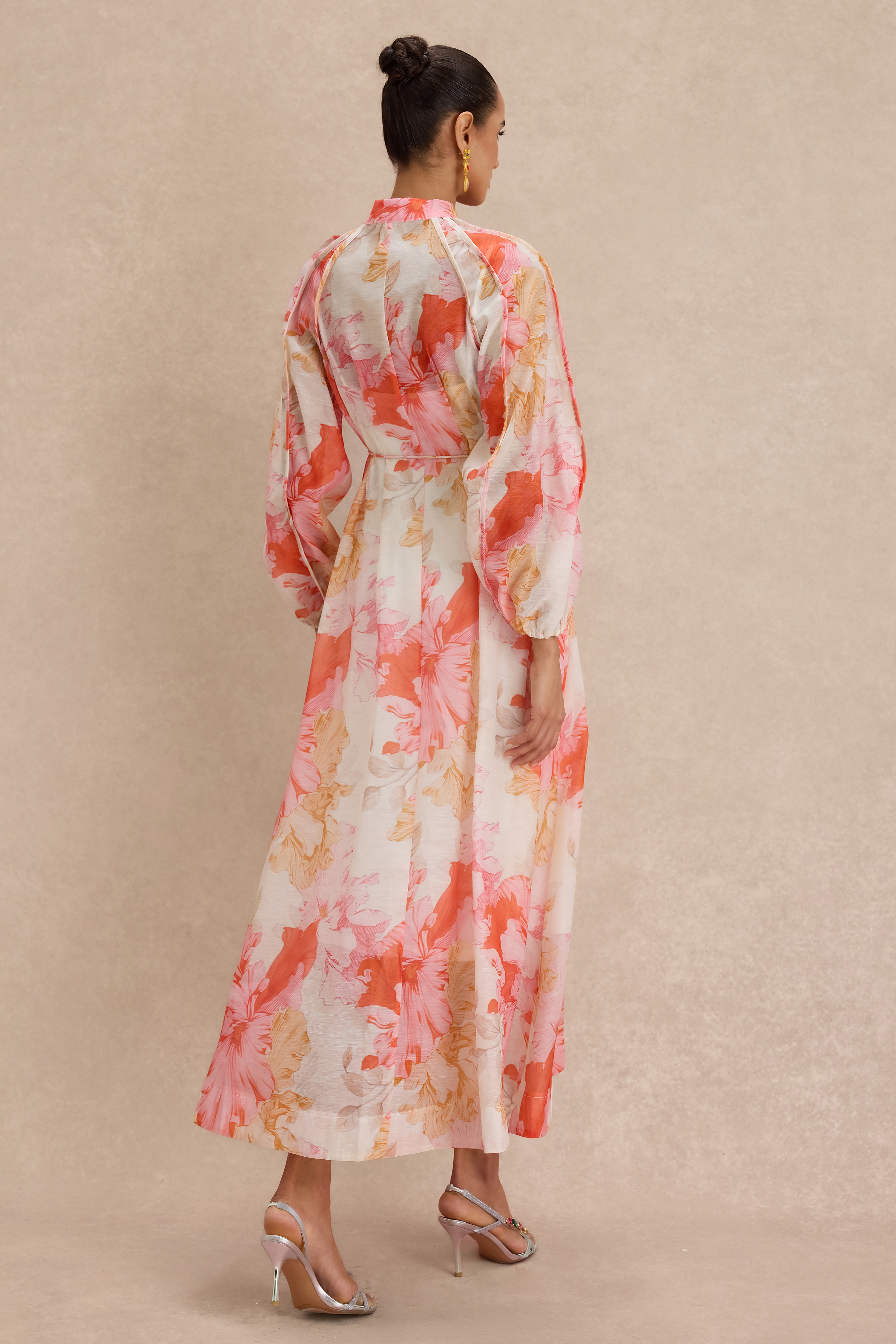 Floral Lantern Sleeve Single Breasted Midi Dress