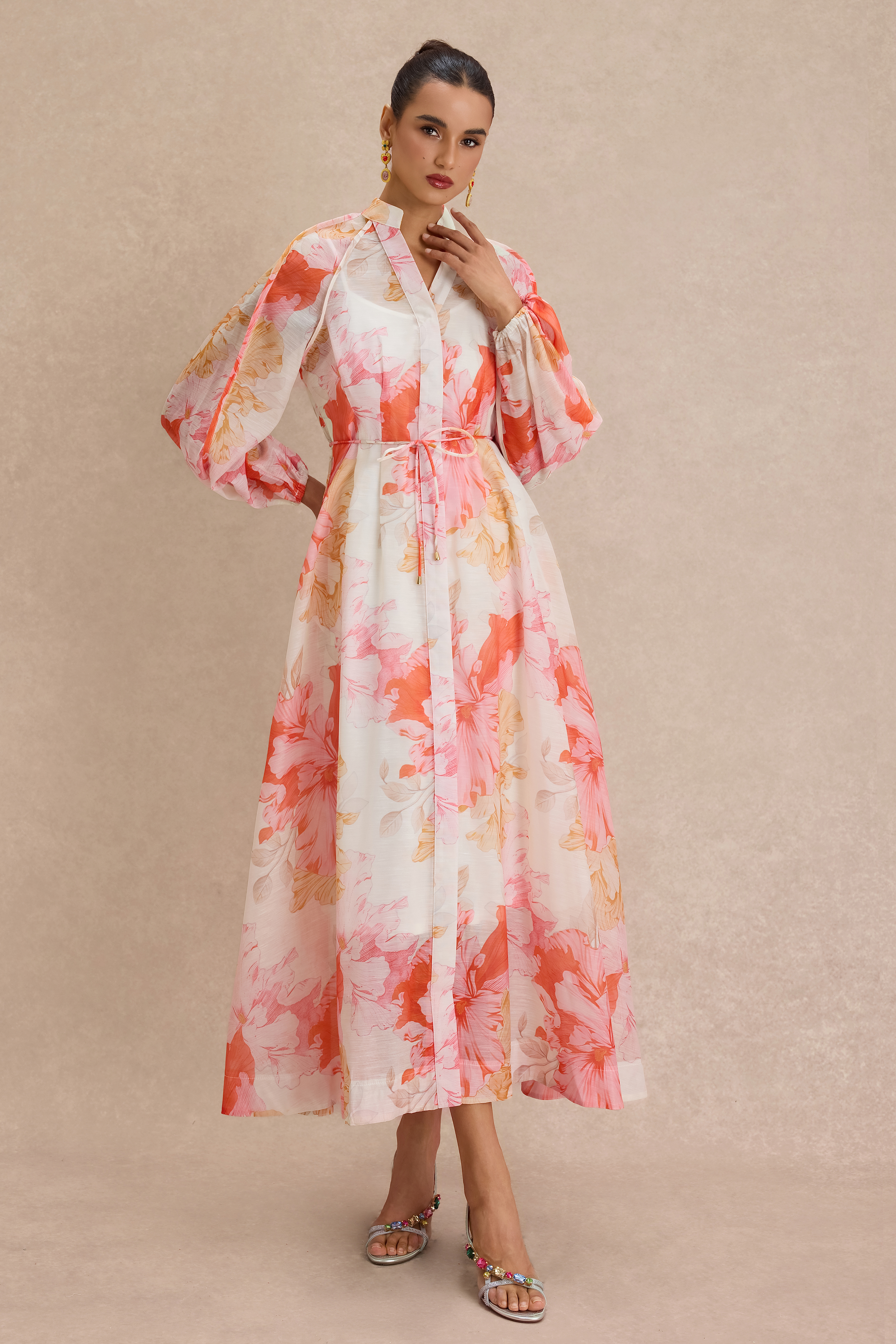 Floral Lantern Sleeve Single Breasted Midi Dress
