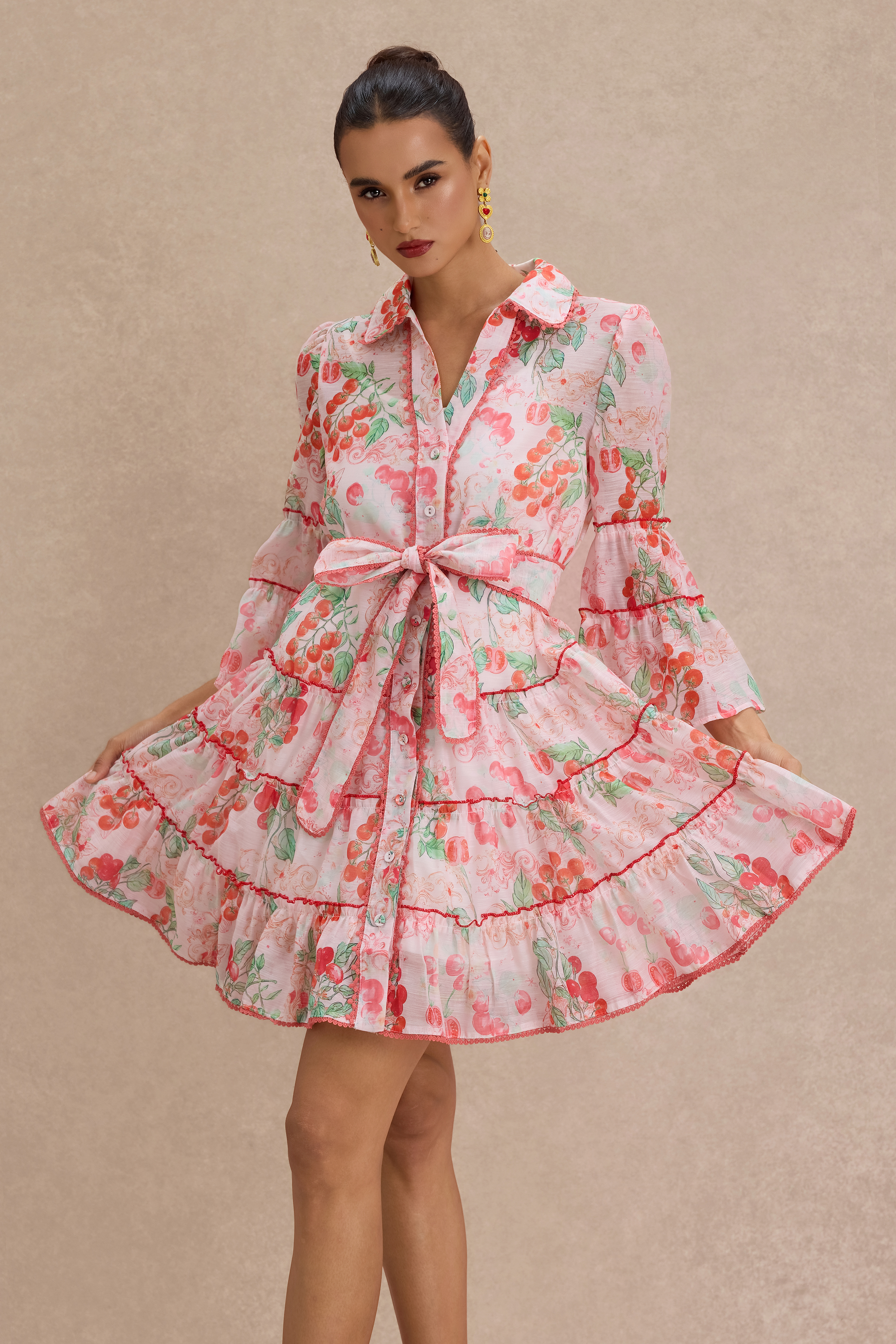 Botanical Print  Lace Single Breasted Mini Dress