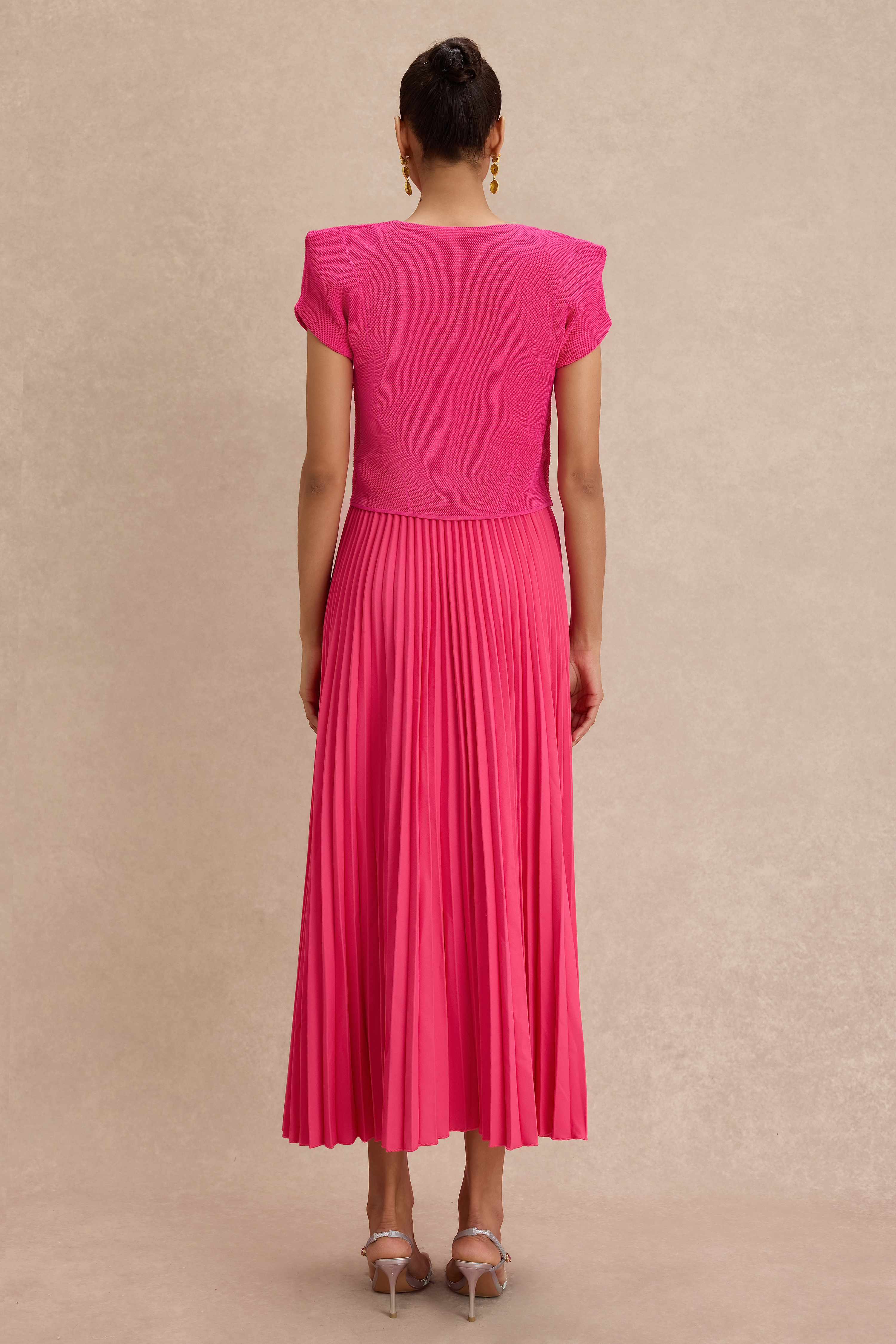 Knit Metal Button Top & Pleated Midi Skirt Set