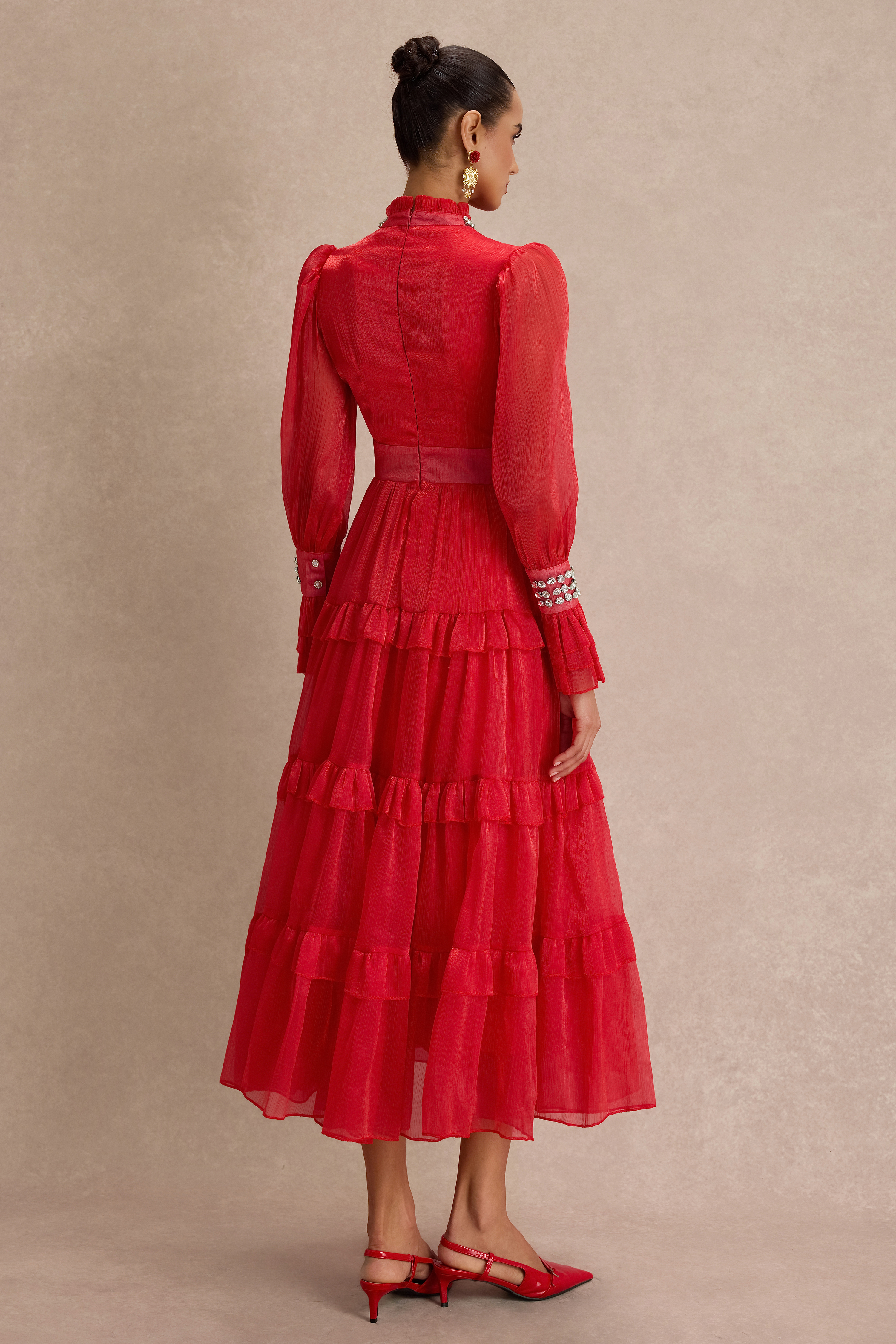 Solid Rhinestone Rivets Ruffle Maxi Dress