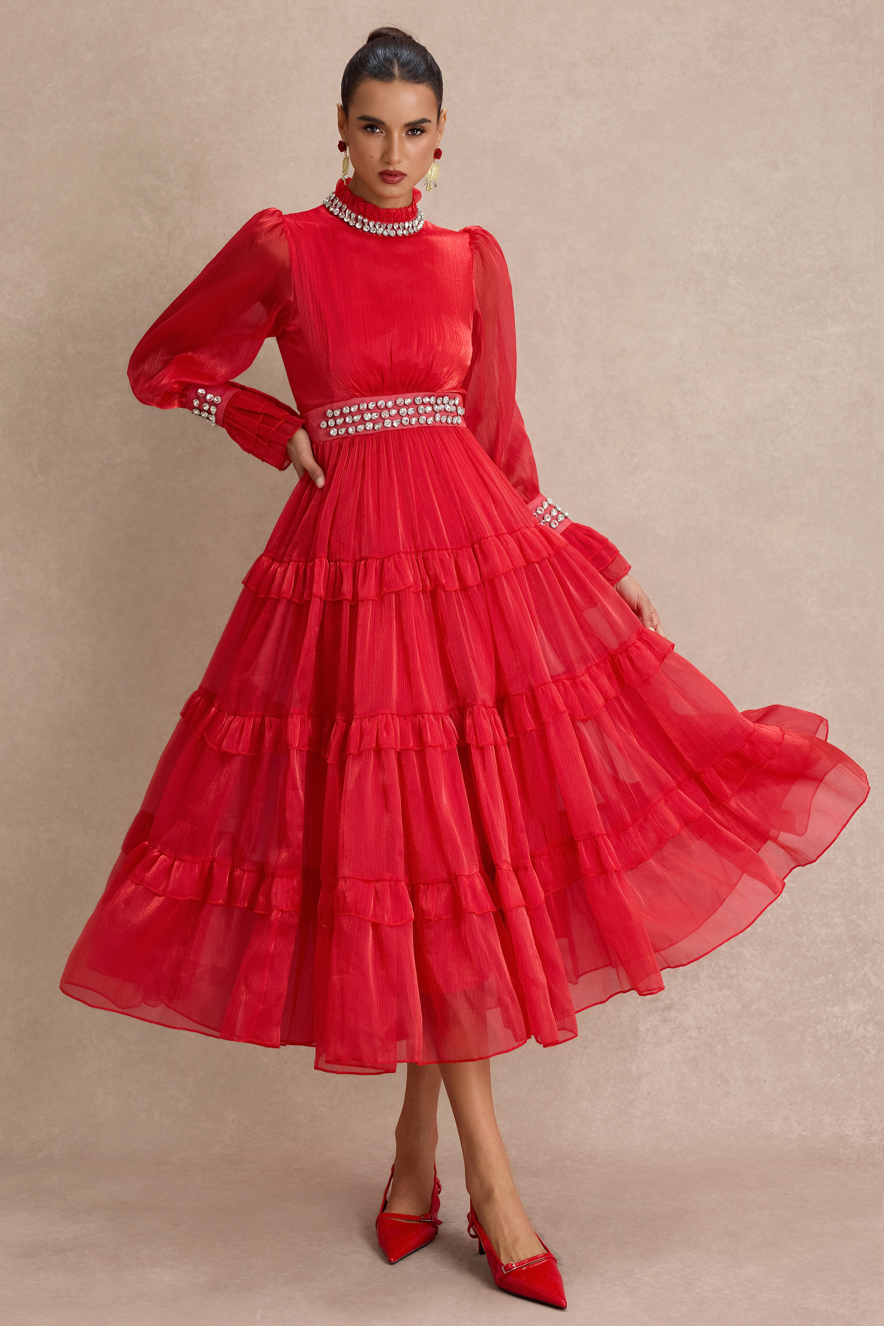 Solid Rhinestone Rivets Ruffle Maxi Dress