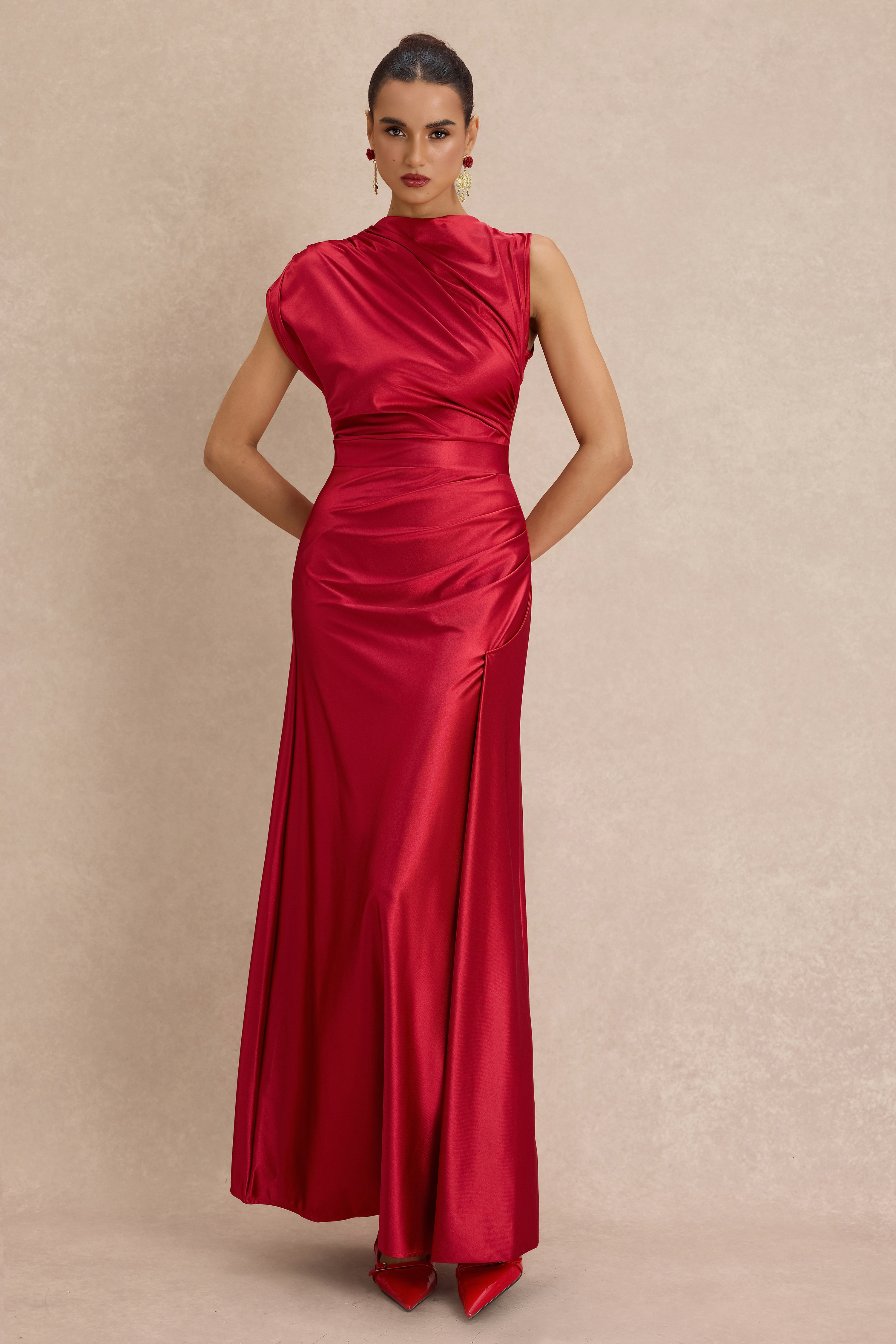 Solid Satin Ruched Maxi Dress
