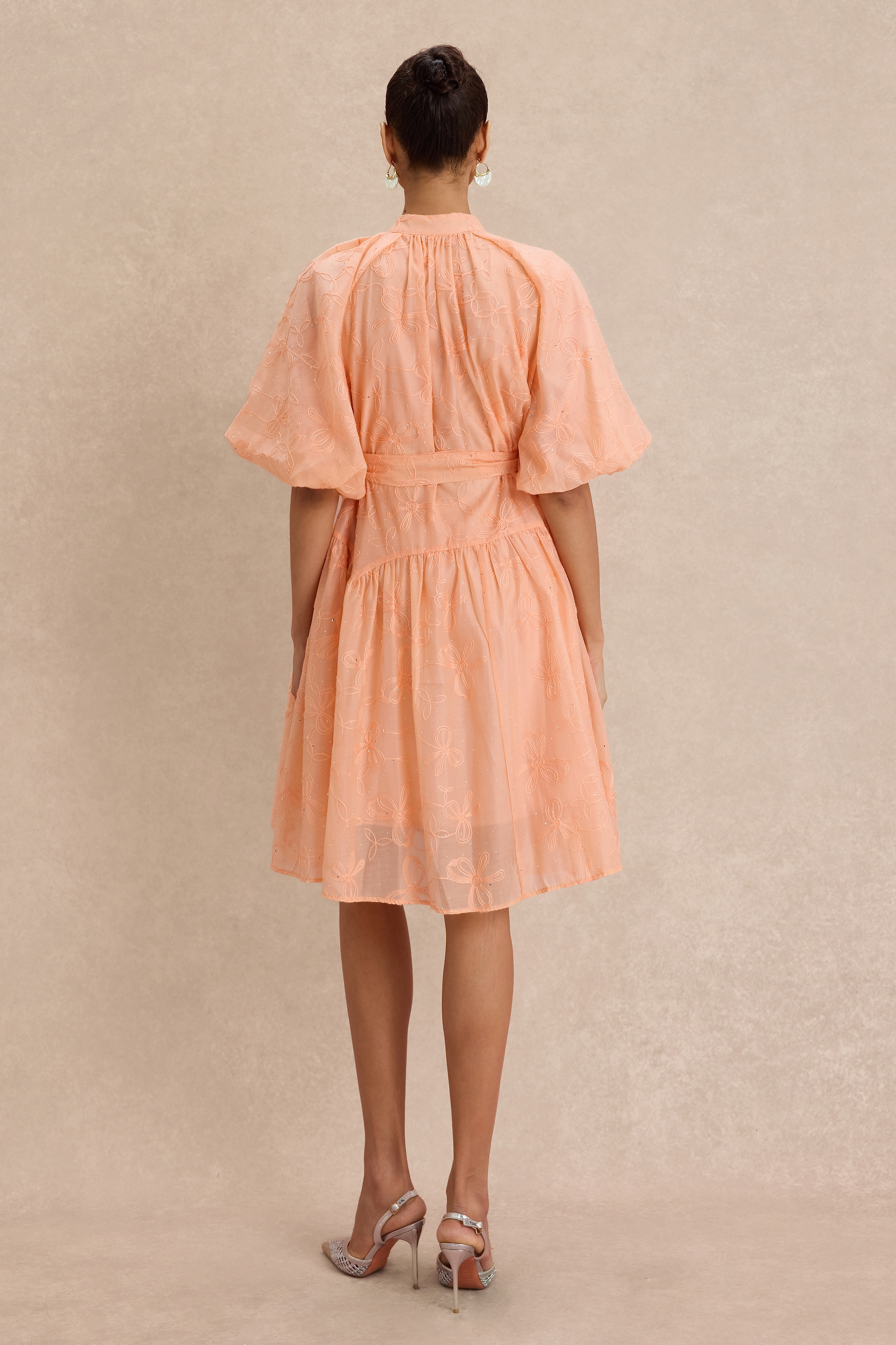 Embroidered Rhinestone Puff Sleeve Mini Dress