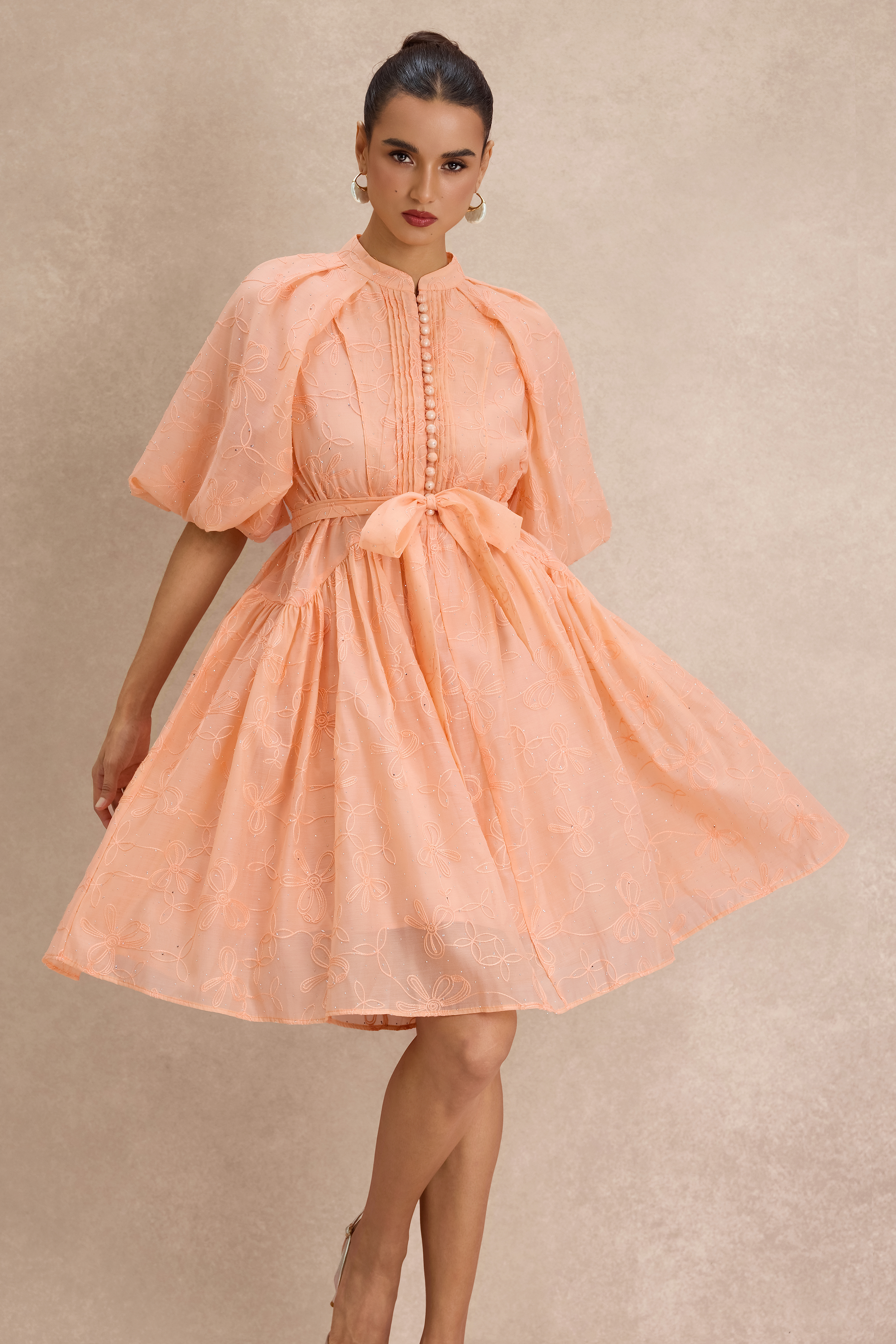 Embroidered Rhinestone Puff Sleeve Mini Dress