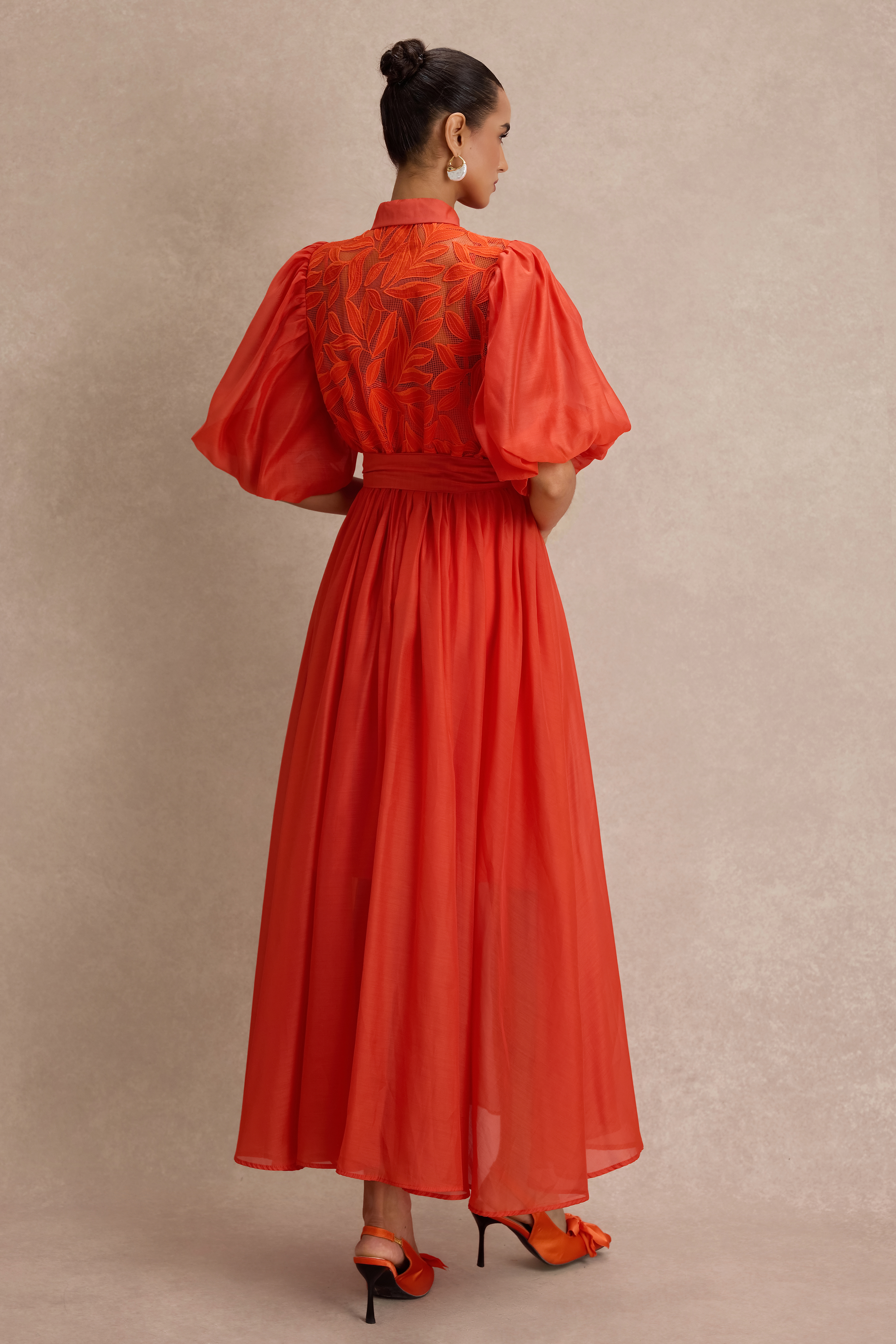 Embroidered Puff Sleeve Flapped Midi Dress
