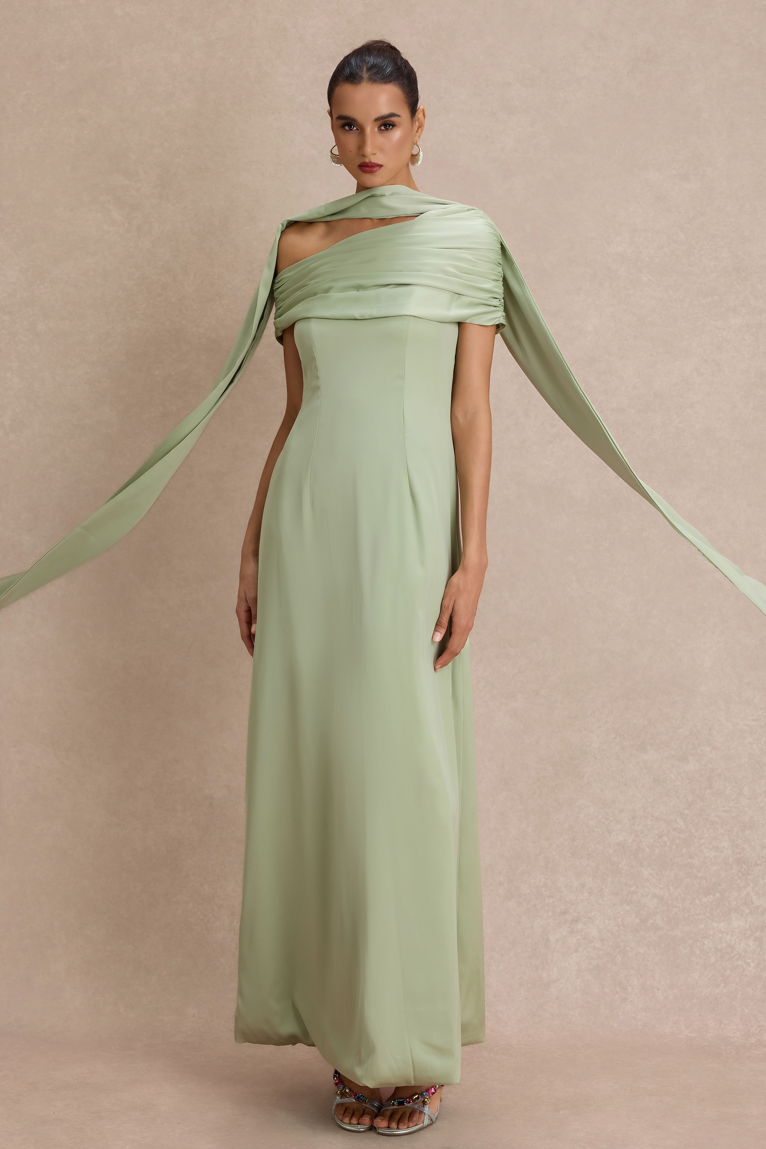 Satin Gathering Skew Collar Maxi Dress