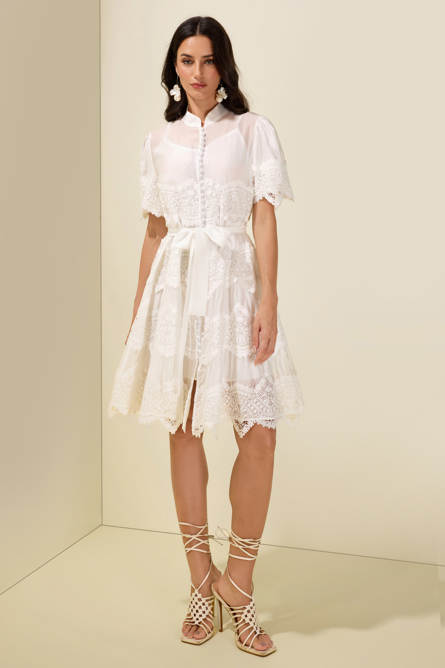 Embrodery Lace Puff Sleeve Belt MIdi Dress