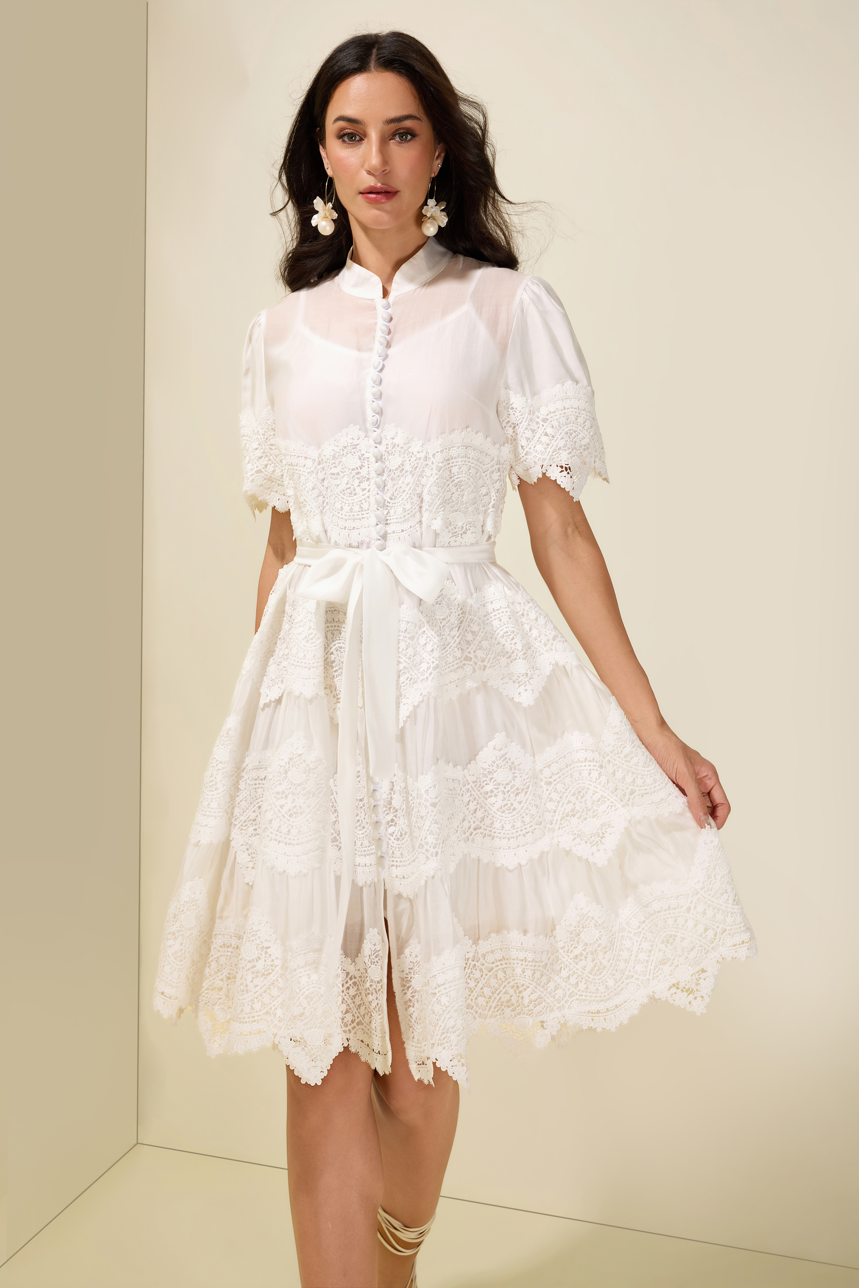 Embrodery Lace Puff Sleeve Belt MIdi Dress