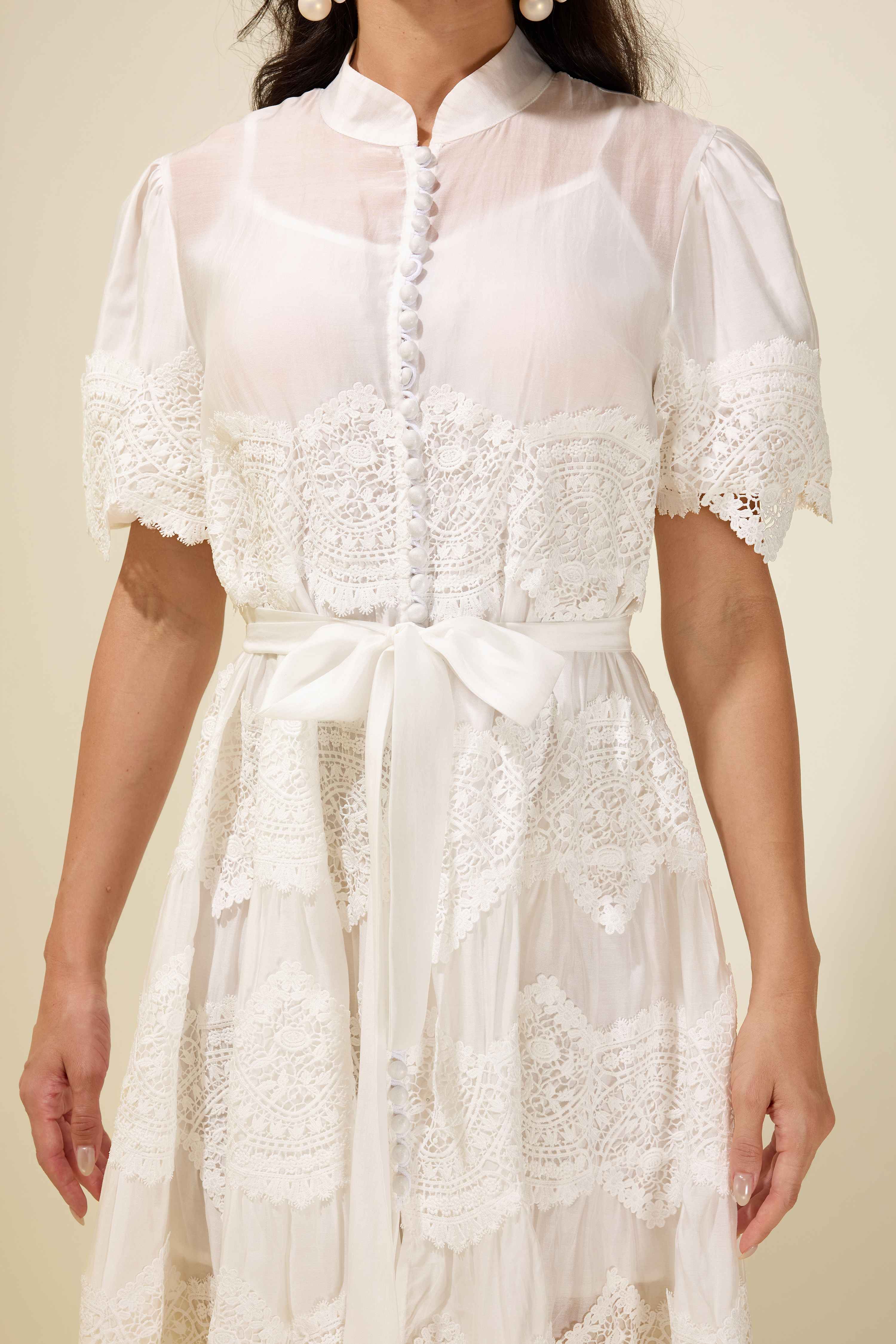 Embrodery Lace Puff Sleeve Belt MIdi Dress