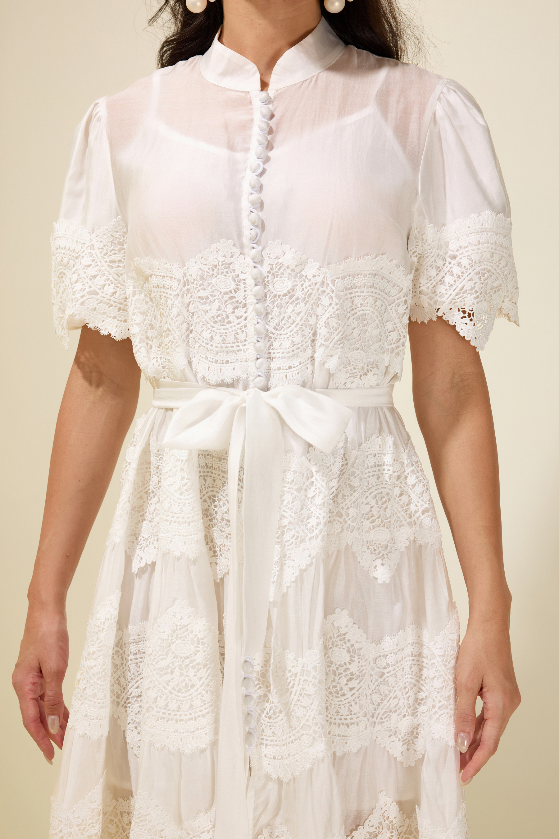 Embrodery Lace Puff Sleeve Belt MIdi Dress
