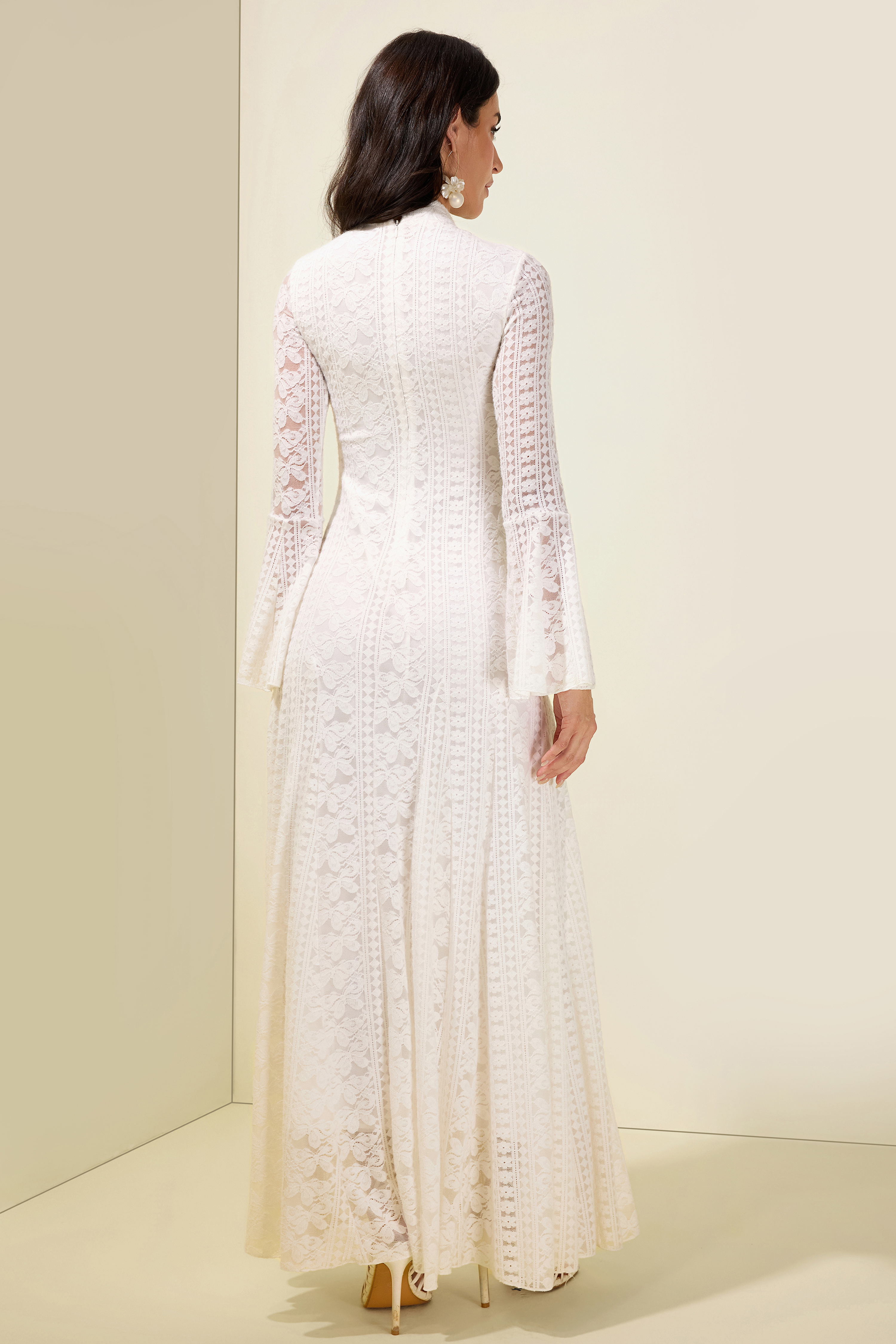 Lace Bell Sleeve Stand Collar Maxi Dress