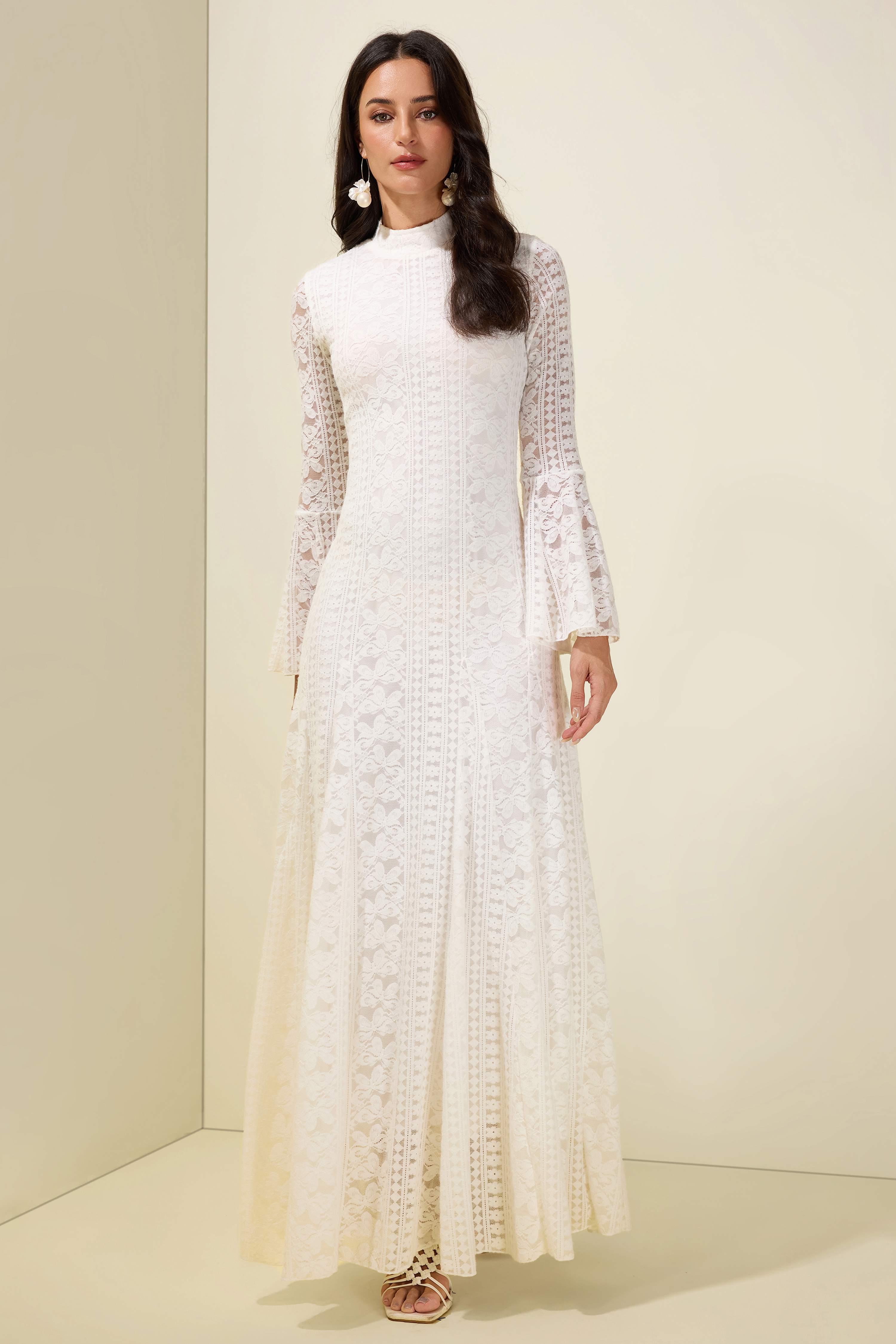 Lace Bell Sleeve Stand Collar Maxi Dress