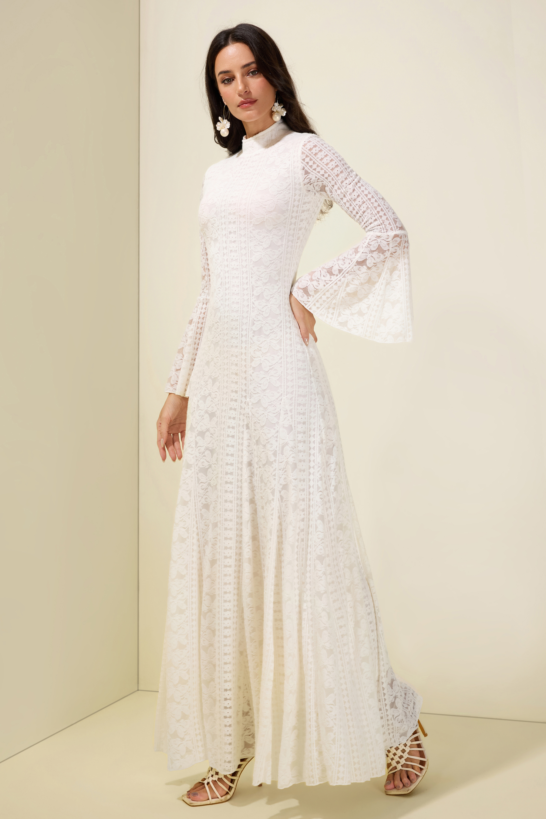Lace Bell Sleeve Stand Collar Maxi Dress