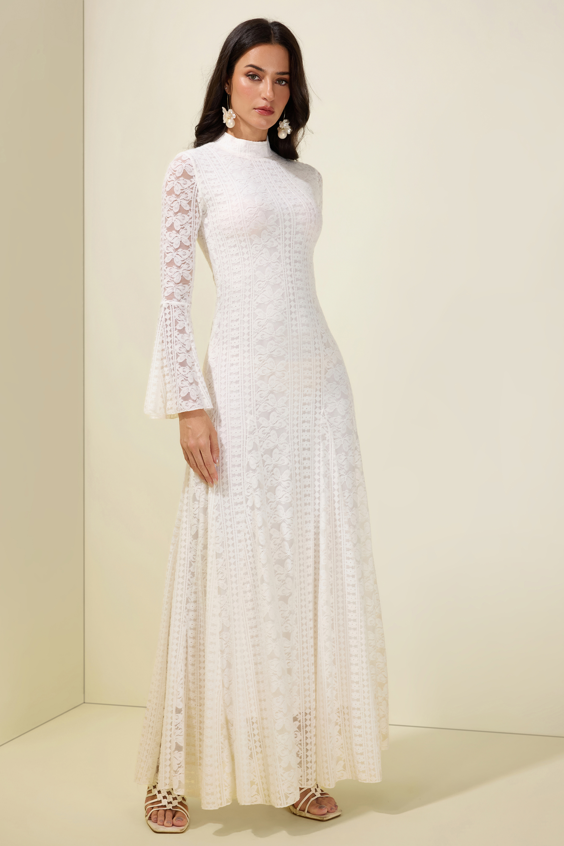 Lace Bell Sleeve Stand Collar Maxi Dress