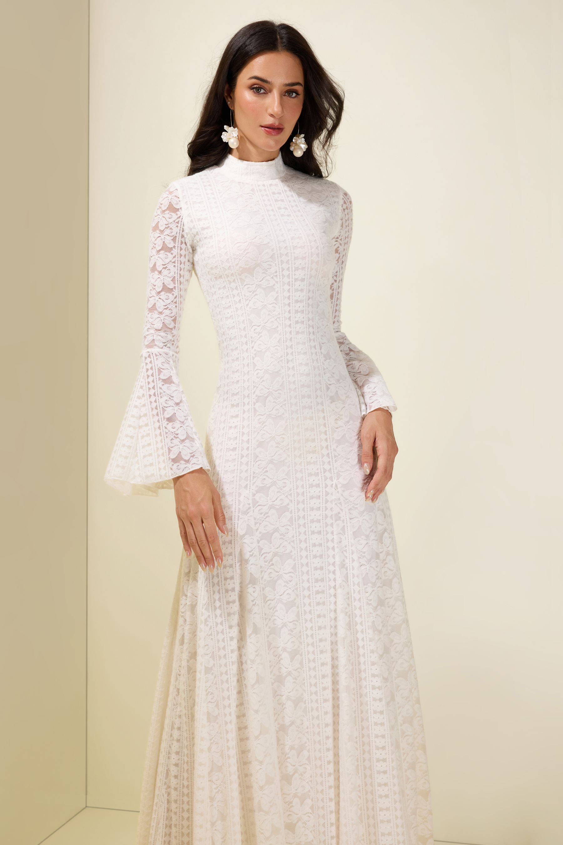 Lace Bell Sleeve Stand Collar Maxi Dress