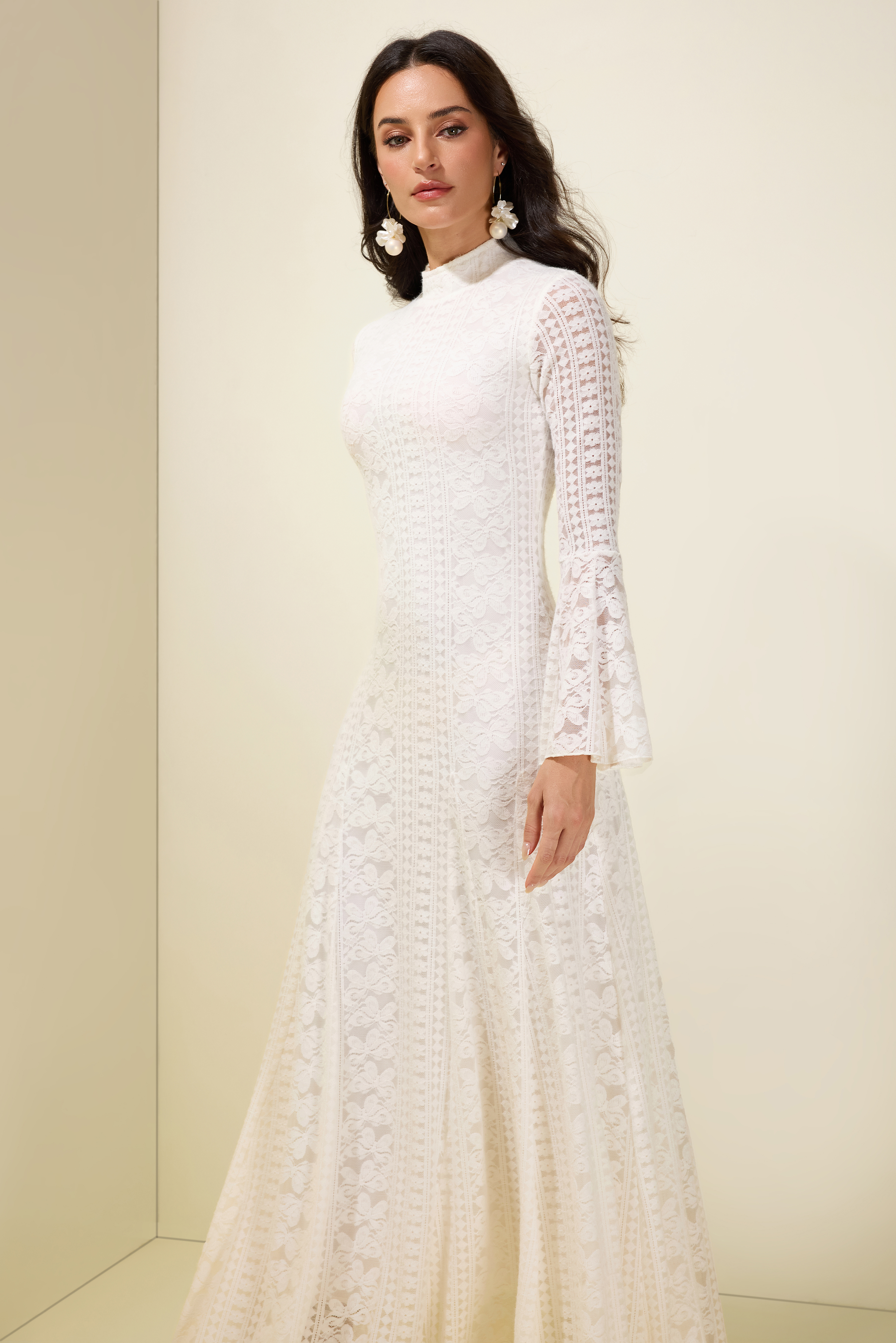 Lace Bell Sleeve Stand Collar Maxi Dress