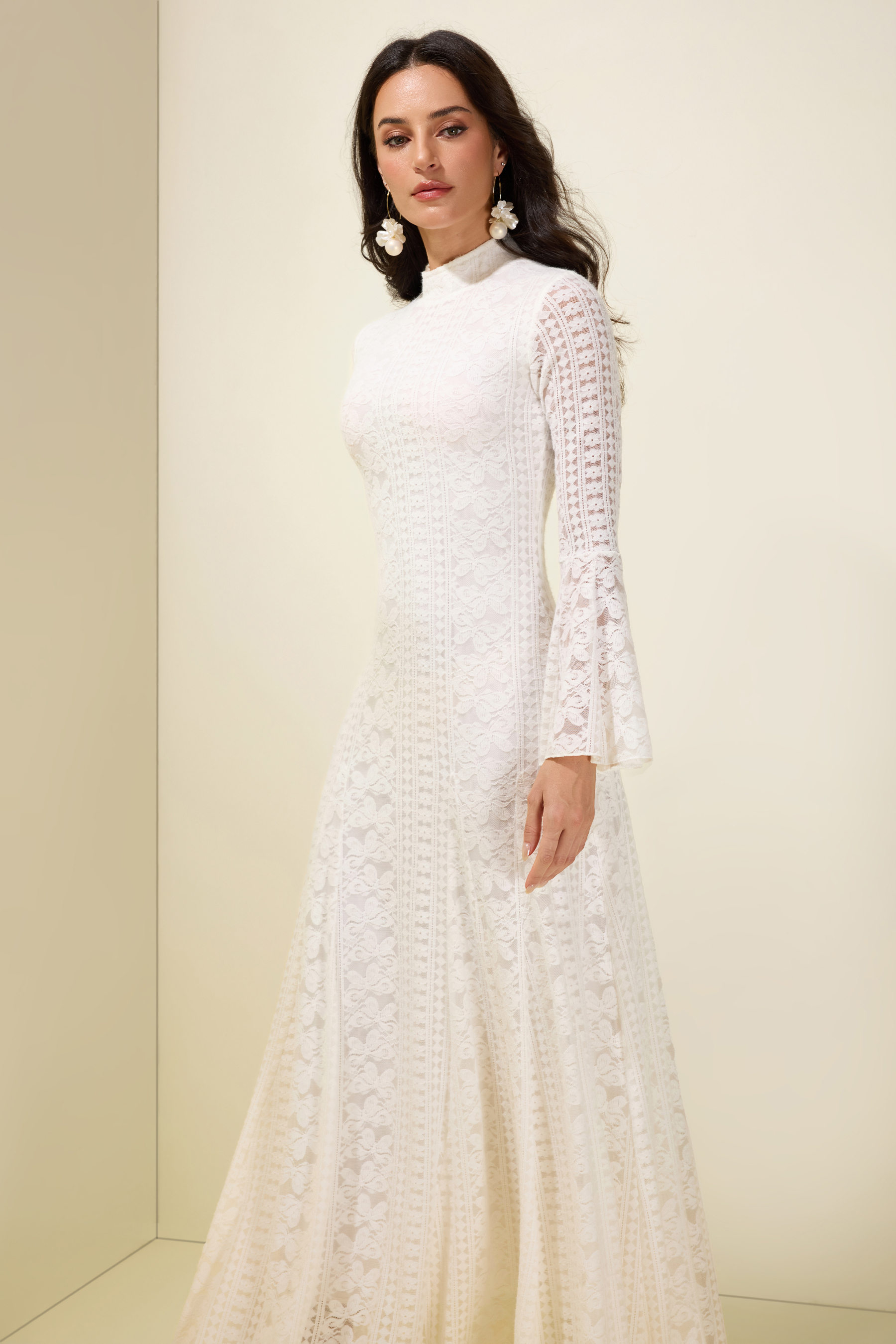 Lace Bell Sleeve Stand Collar Maxi Dress