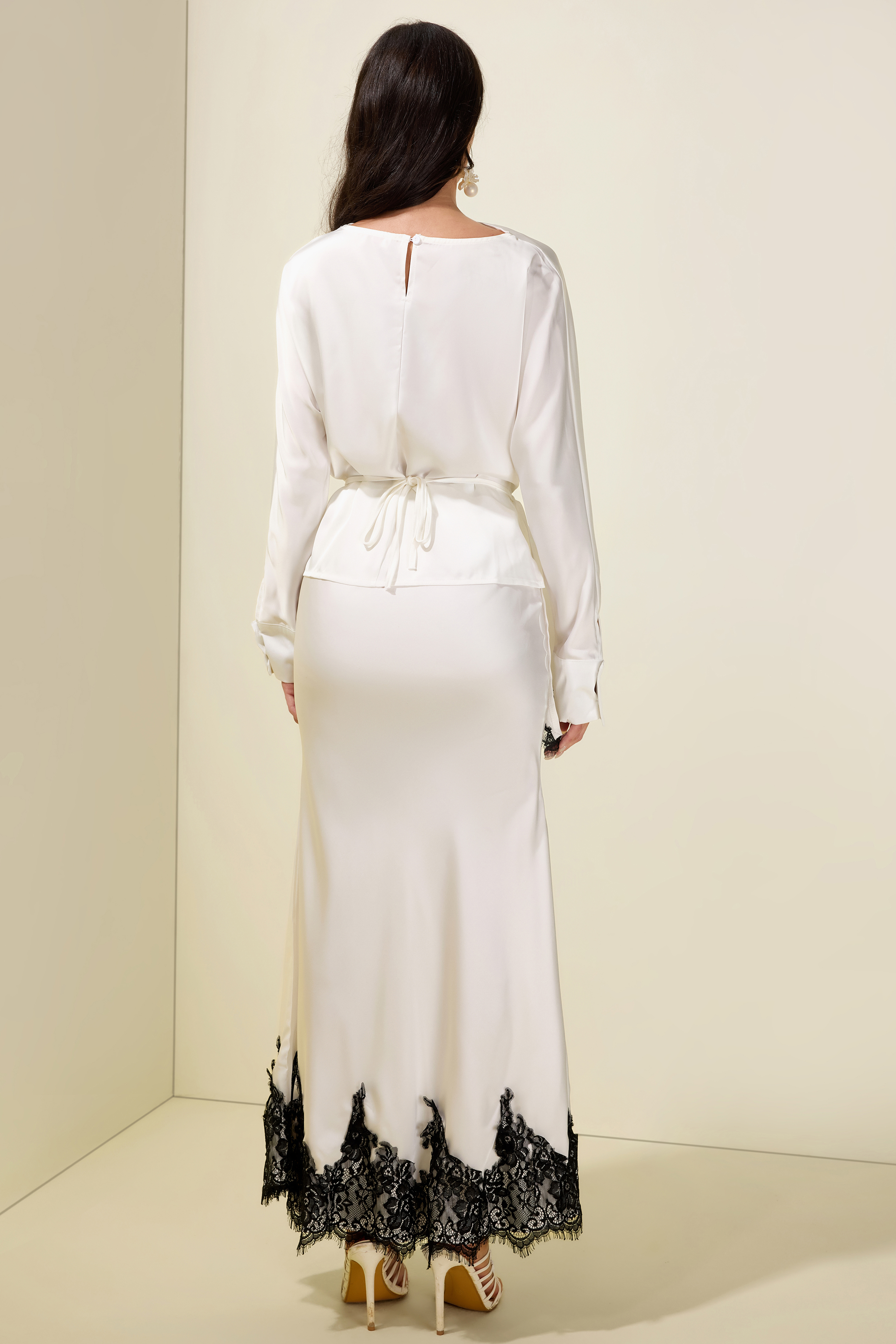 Satin Lace-Up Top & Midi Skirt Set
