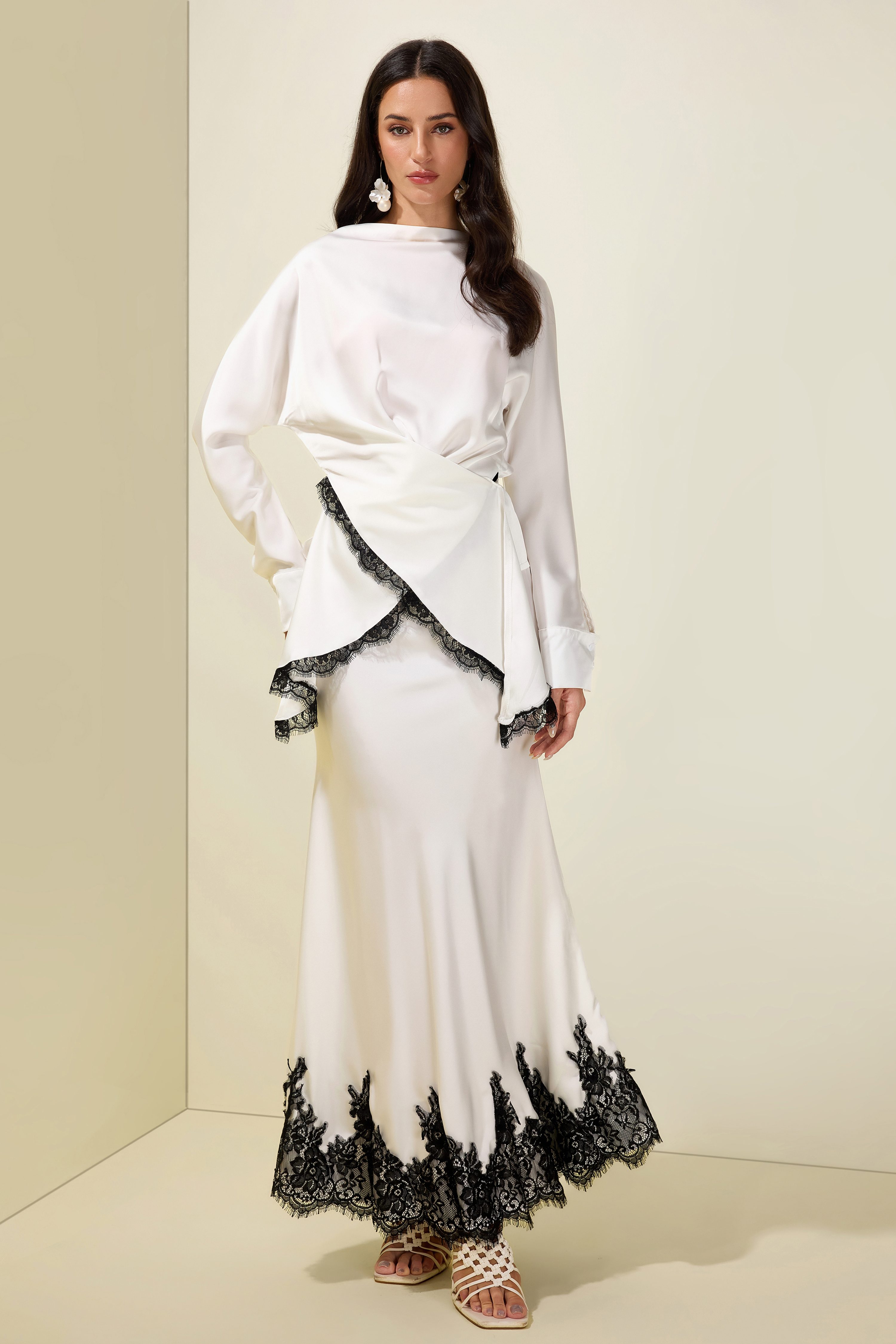 Satin Lace-Up Top & Midi Skirt Set