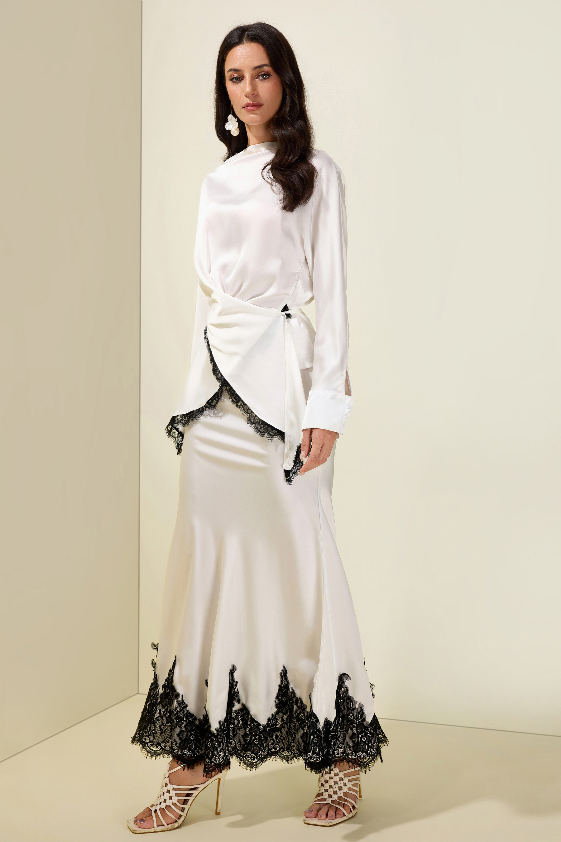 Satin Lace-Up Top & Midi Skirt Set