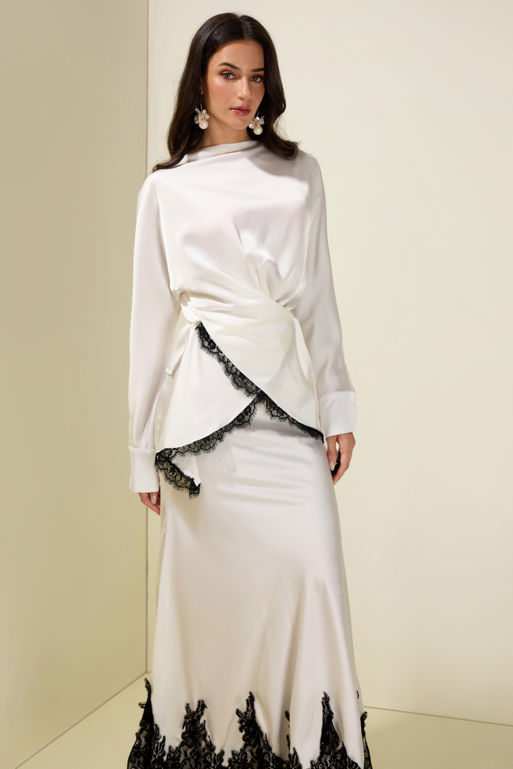 Satin Lace-Up Top & Midi Skirt Set
