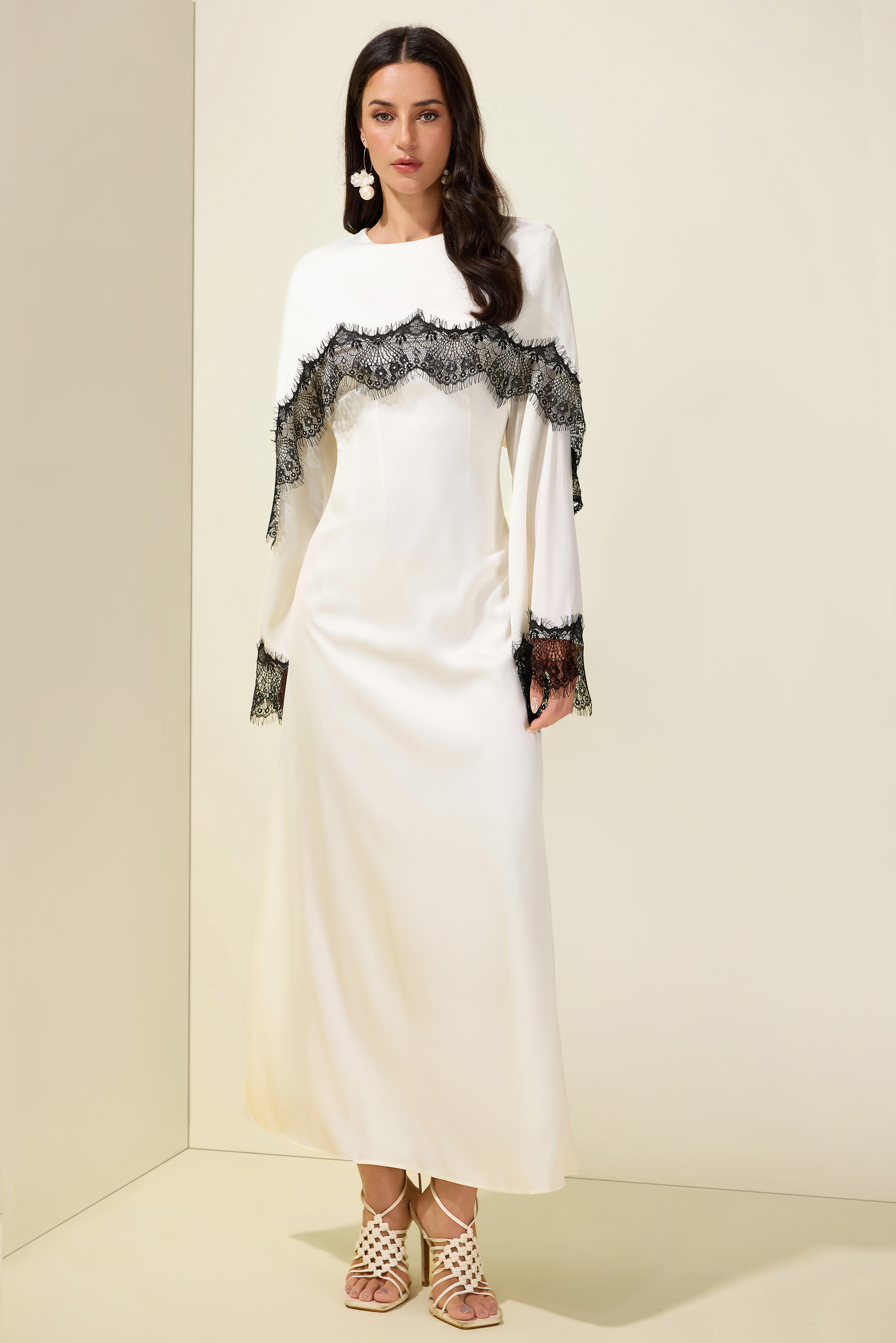 Lace Satin Cape Maxi Dress