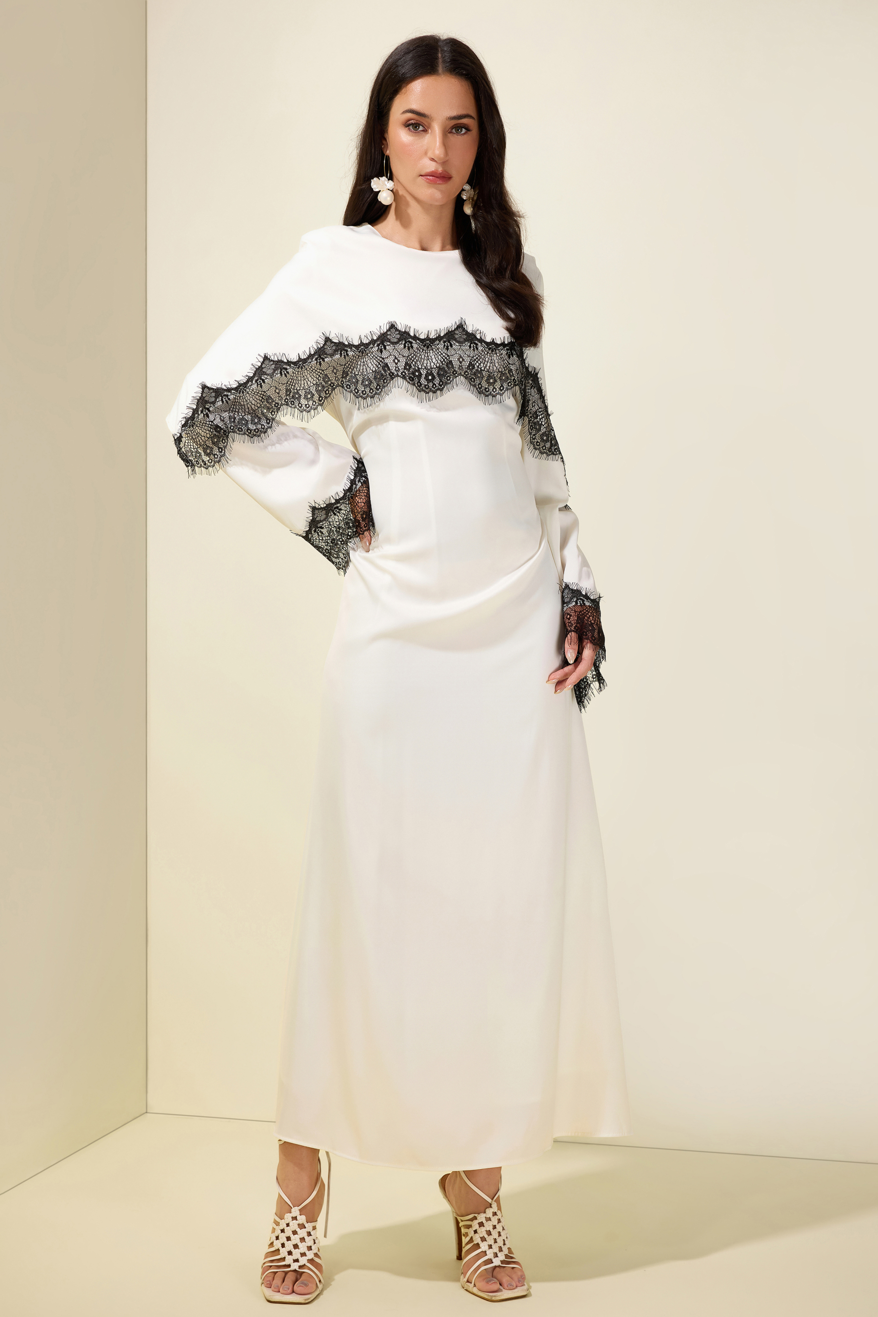 Lace Satin Cape Maxi Dress