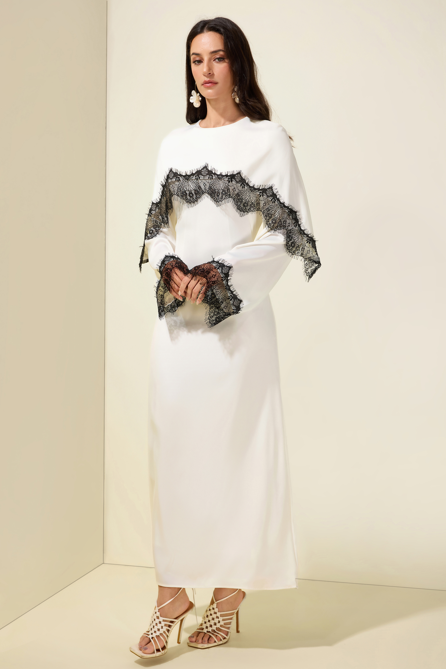 Lace Satin Cape Maxi Dress