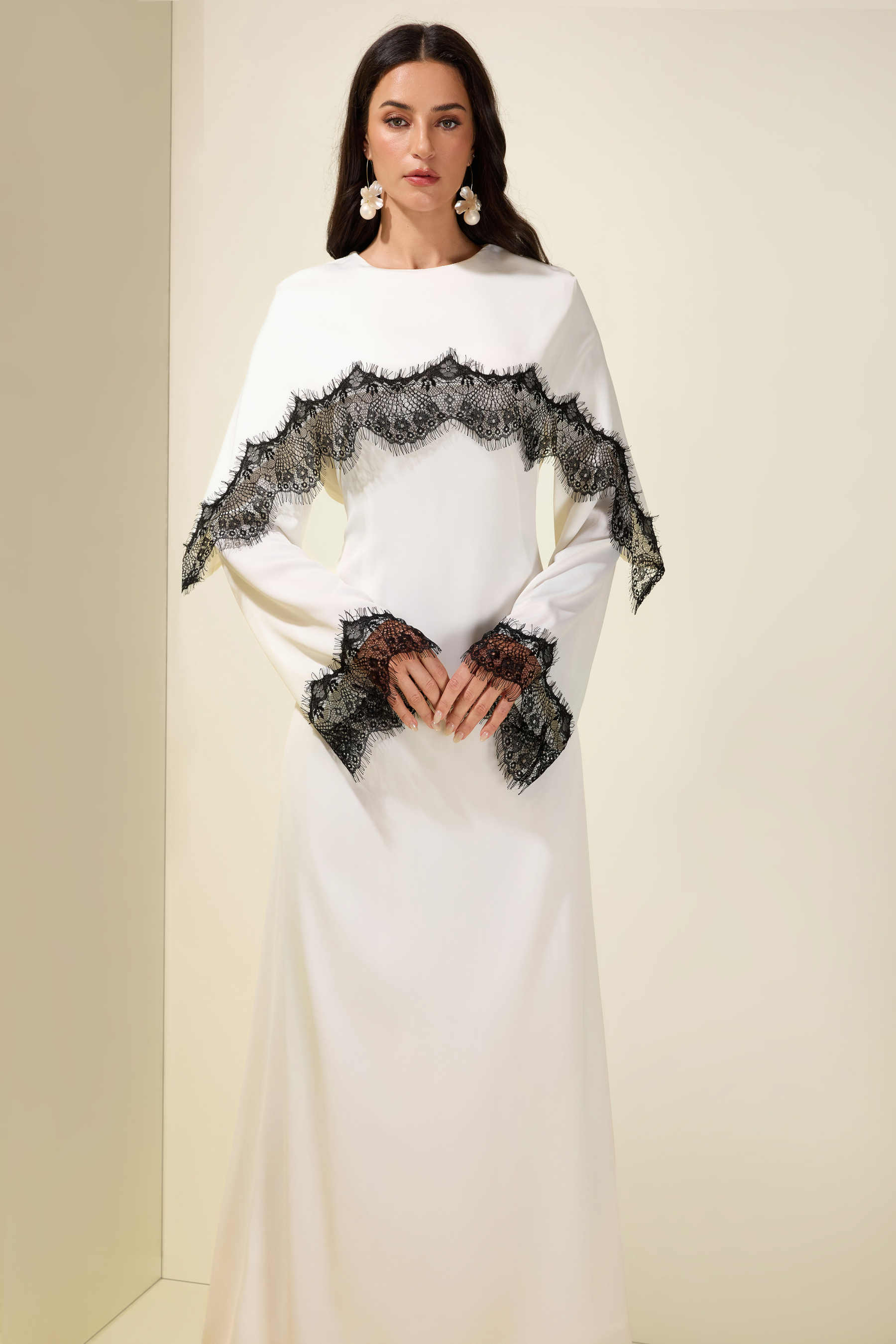 Lace Satin Cape Maxi Dress