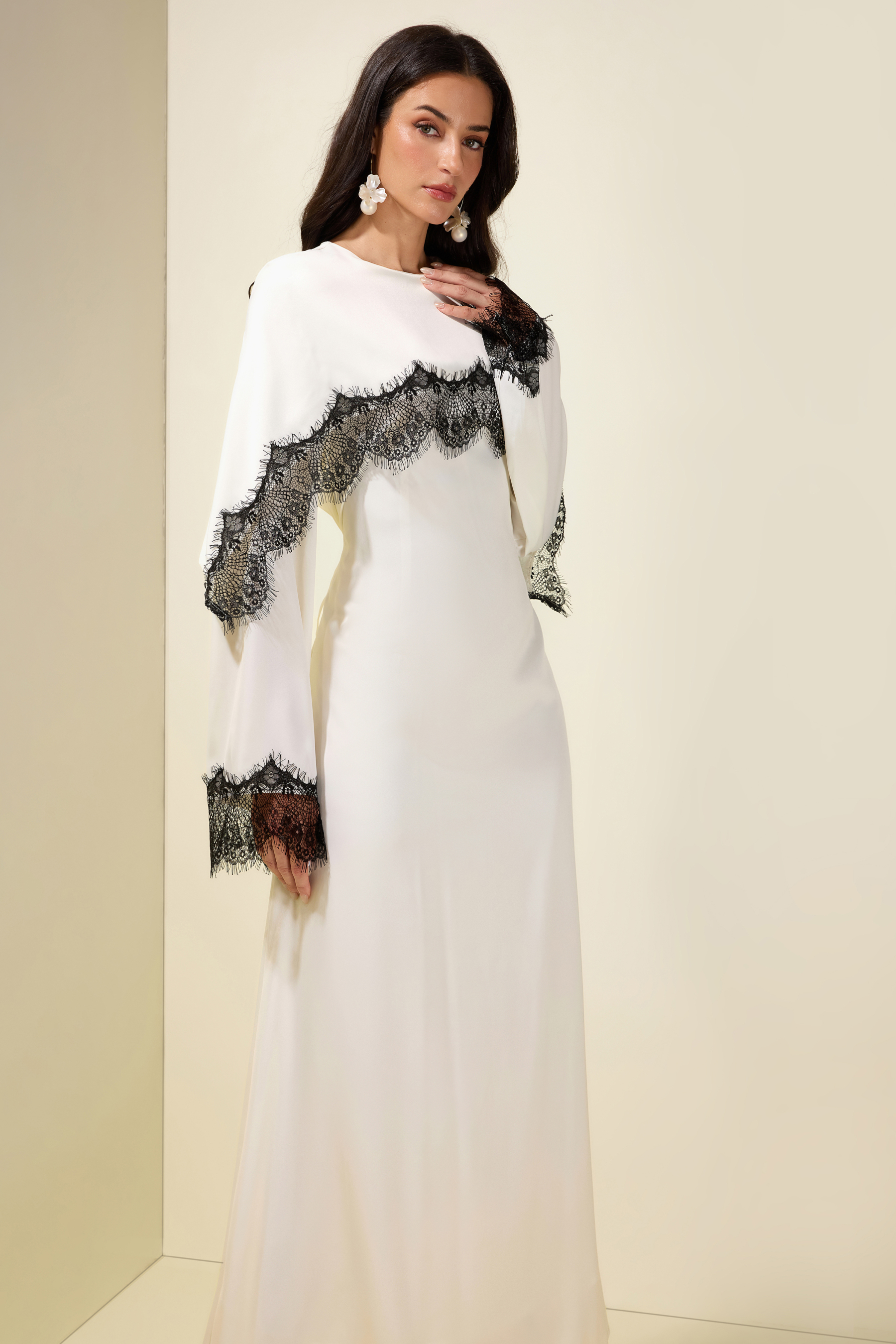 Lace Satin Cape Maxi Dress