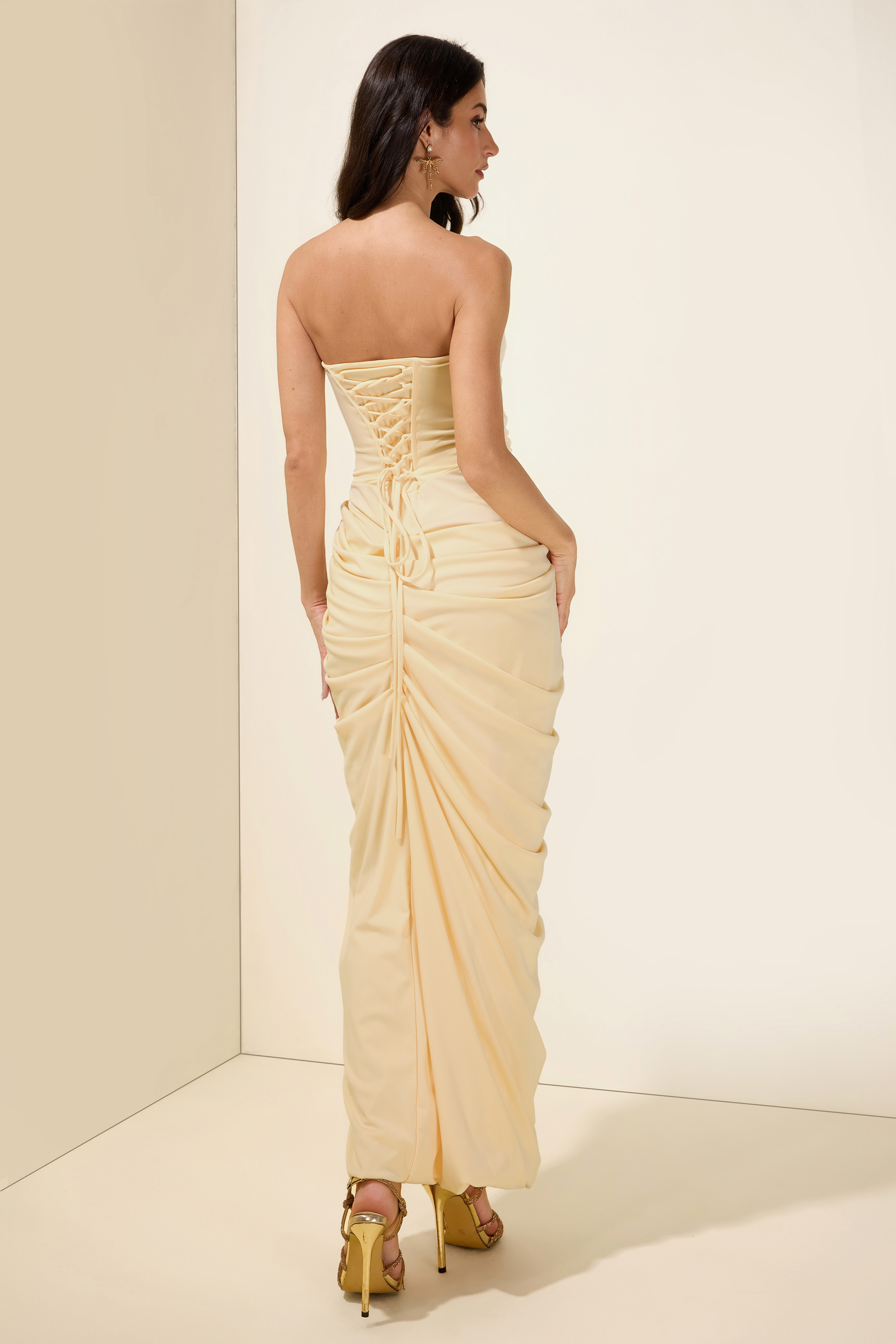 Ruched Strapless Slit Midi Dress