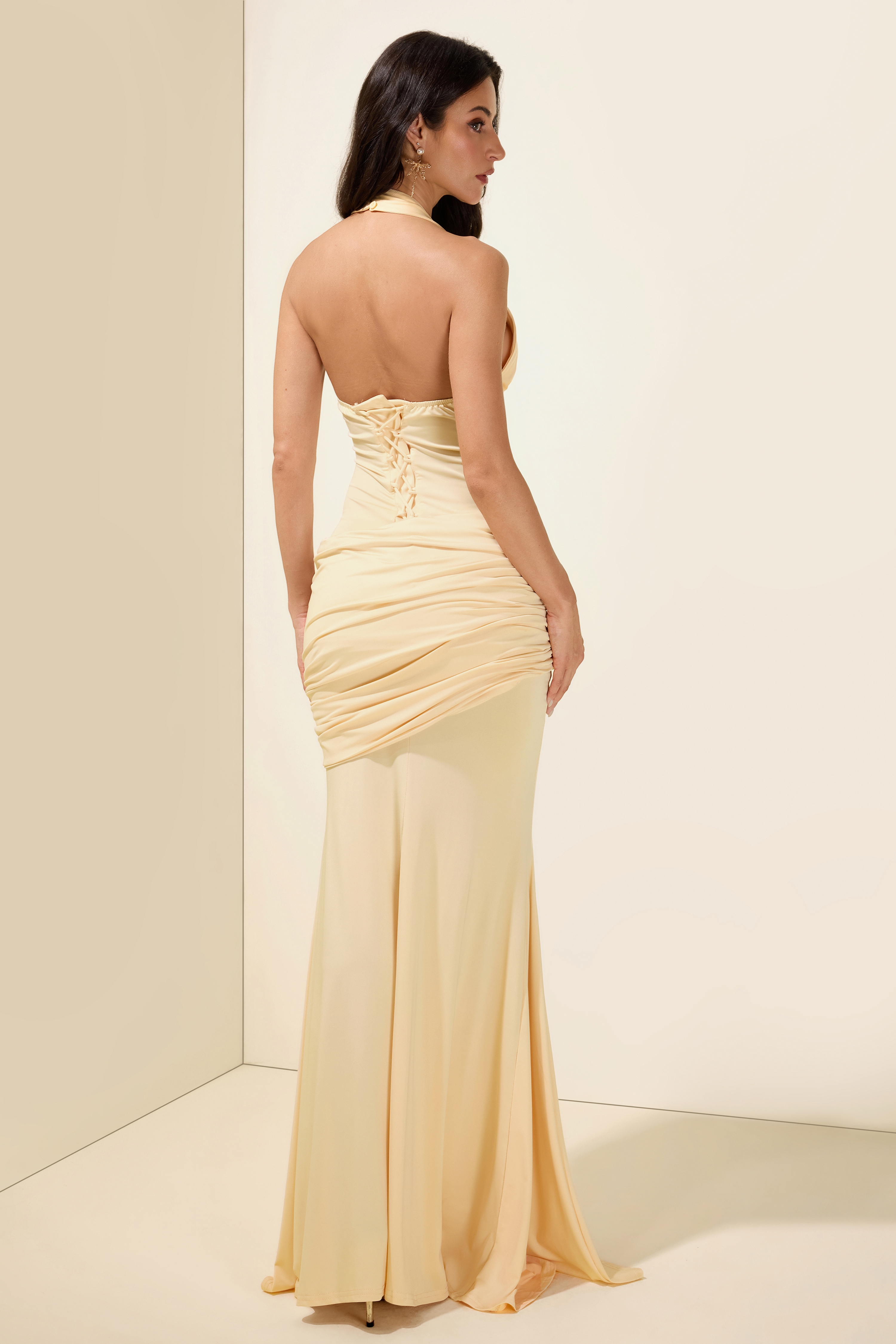 Solid Ruched Halter Neck Maxi Dress