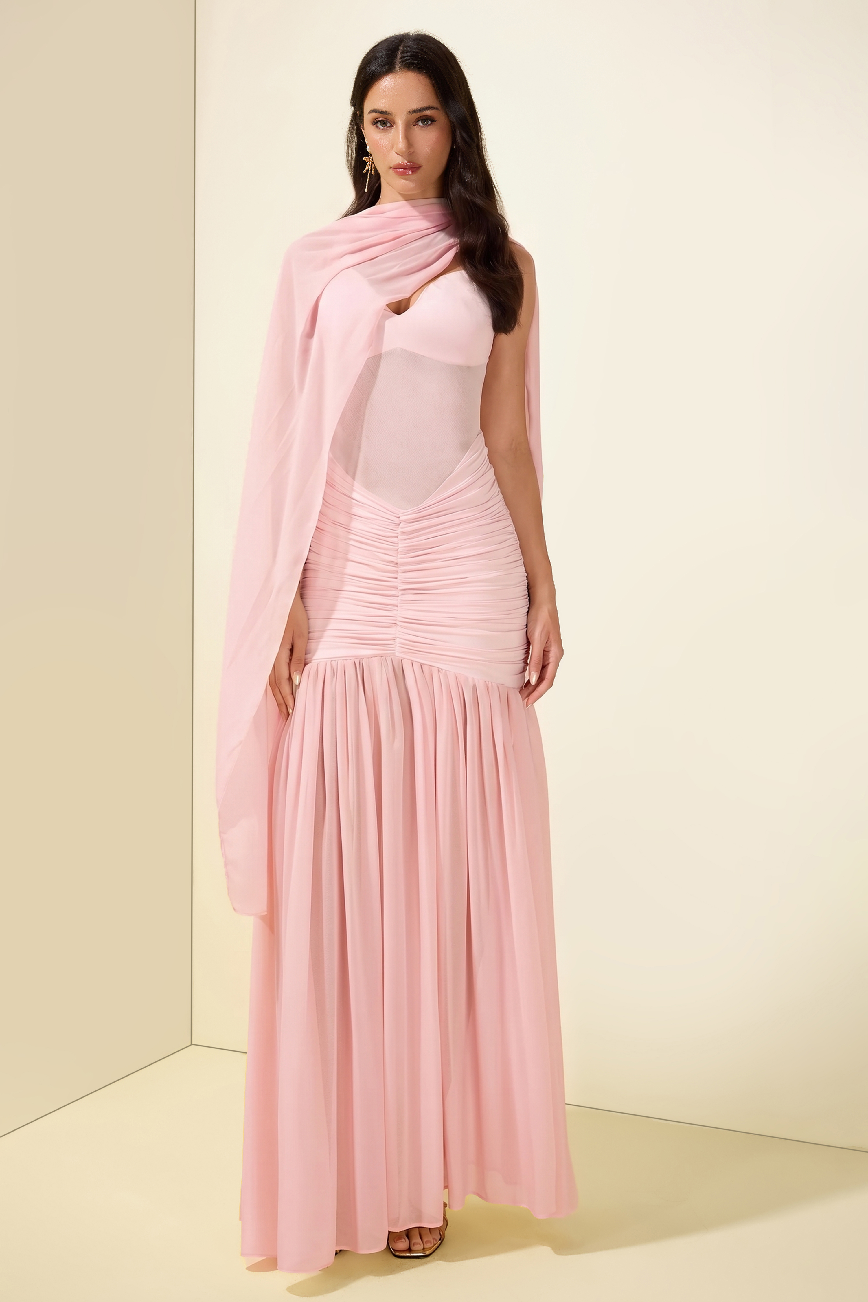 Chiffon Jersey Gathering Midi Dress
