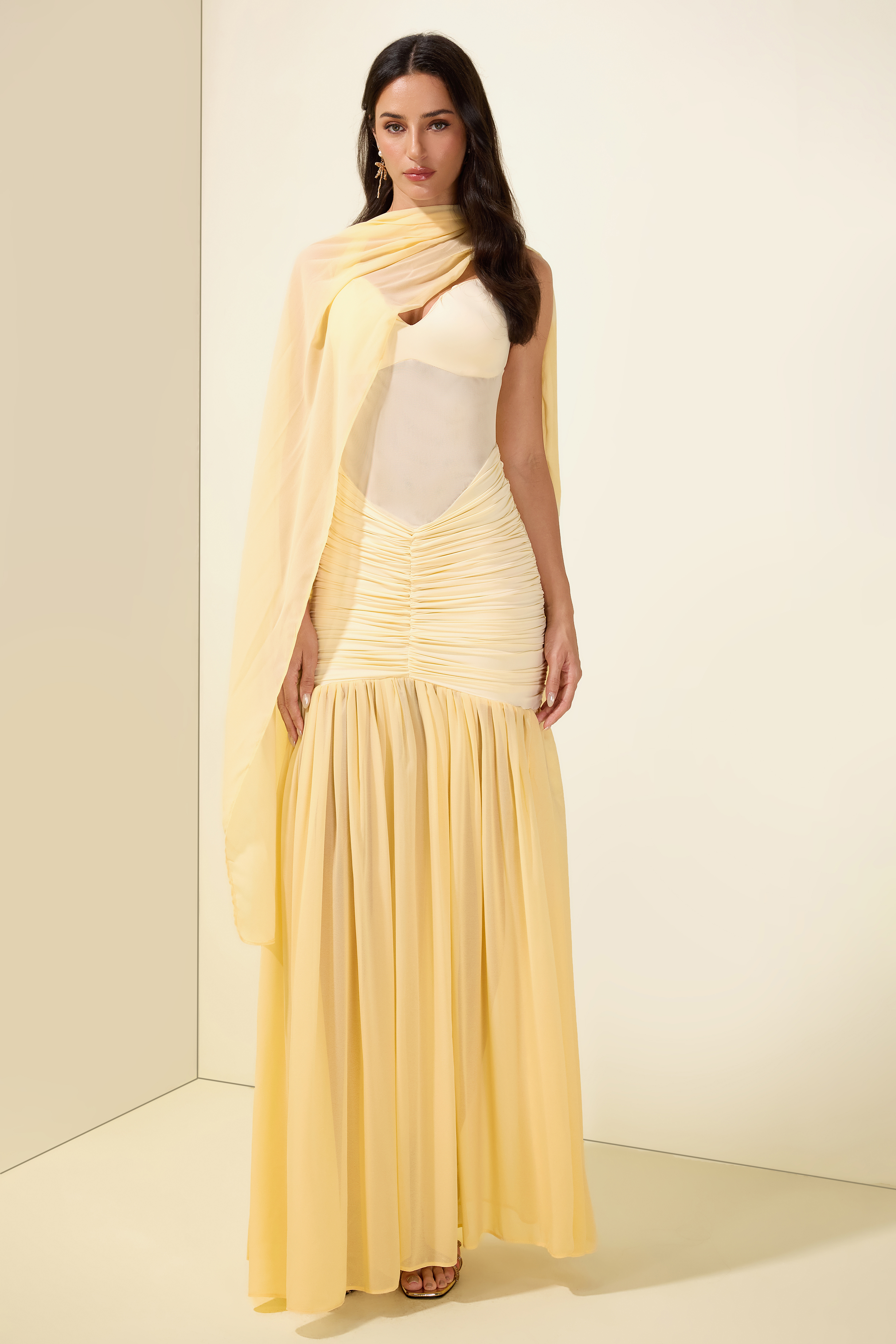 Chiffon Jersey Gathering Midi Dress
