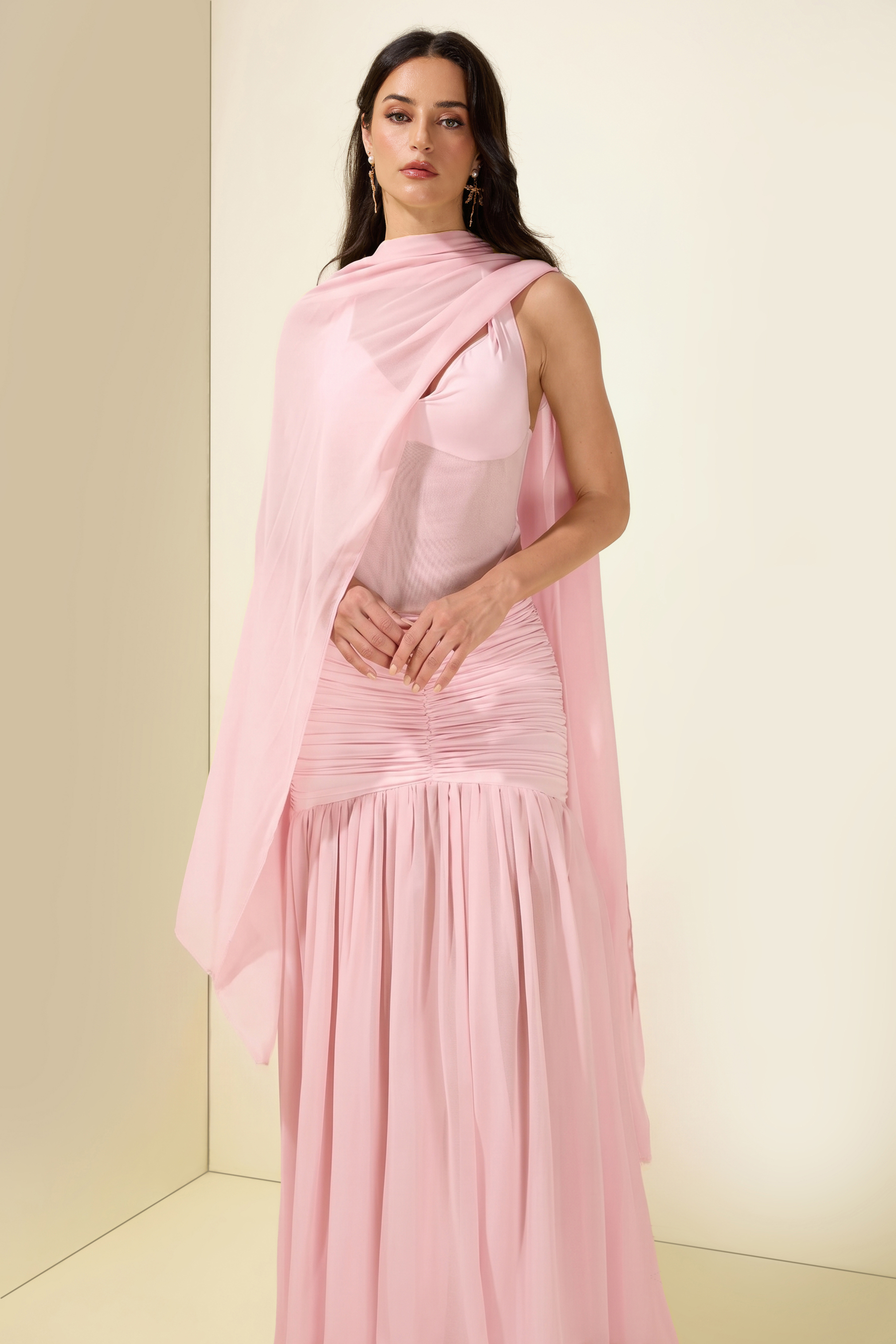 Chiffon Jersey Gathering Midi Dress