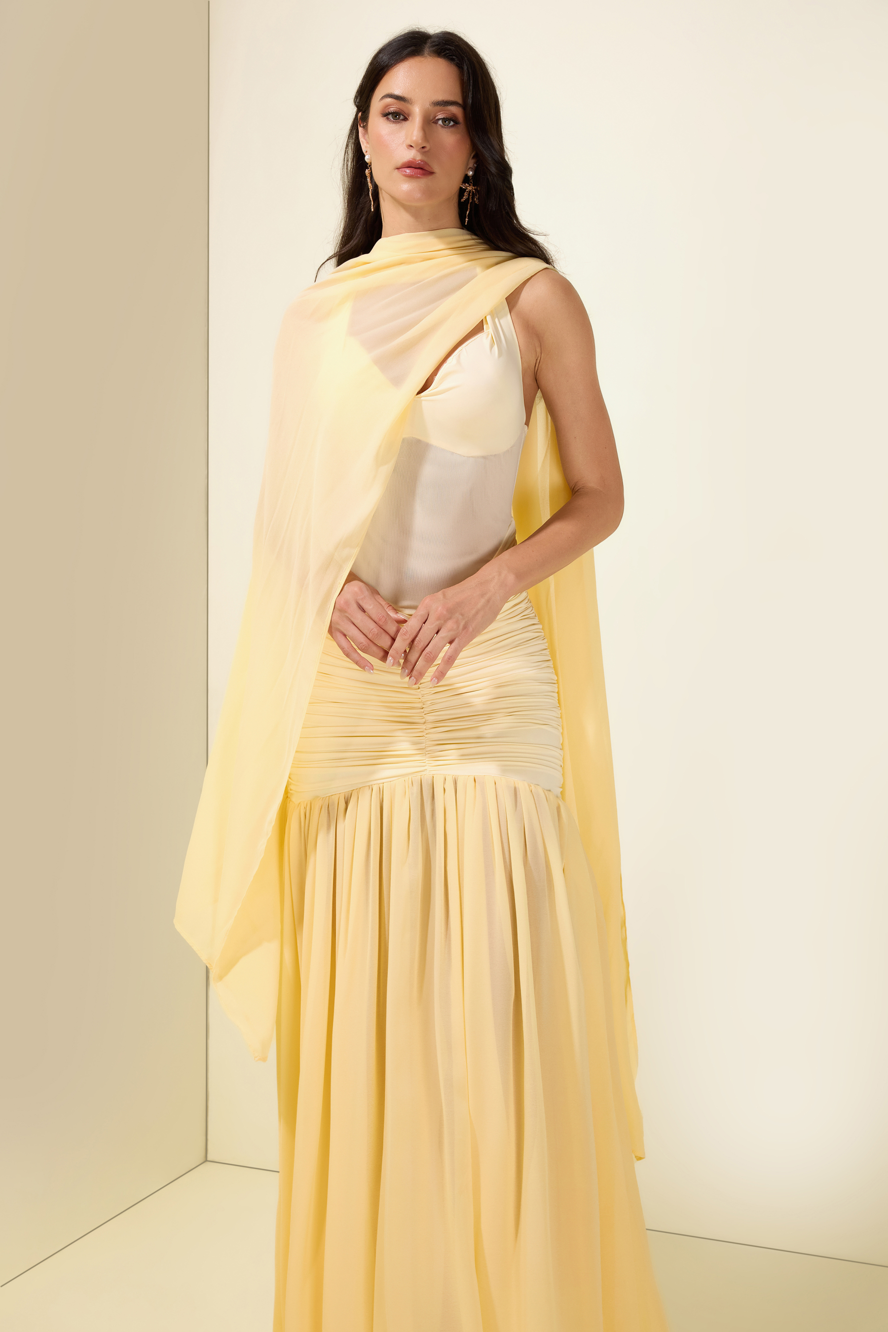 Chiffon Jersey Gathering Midi Dress