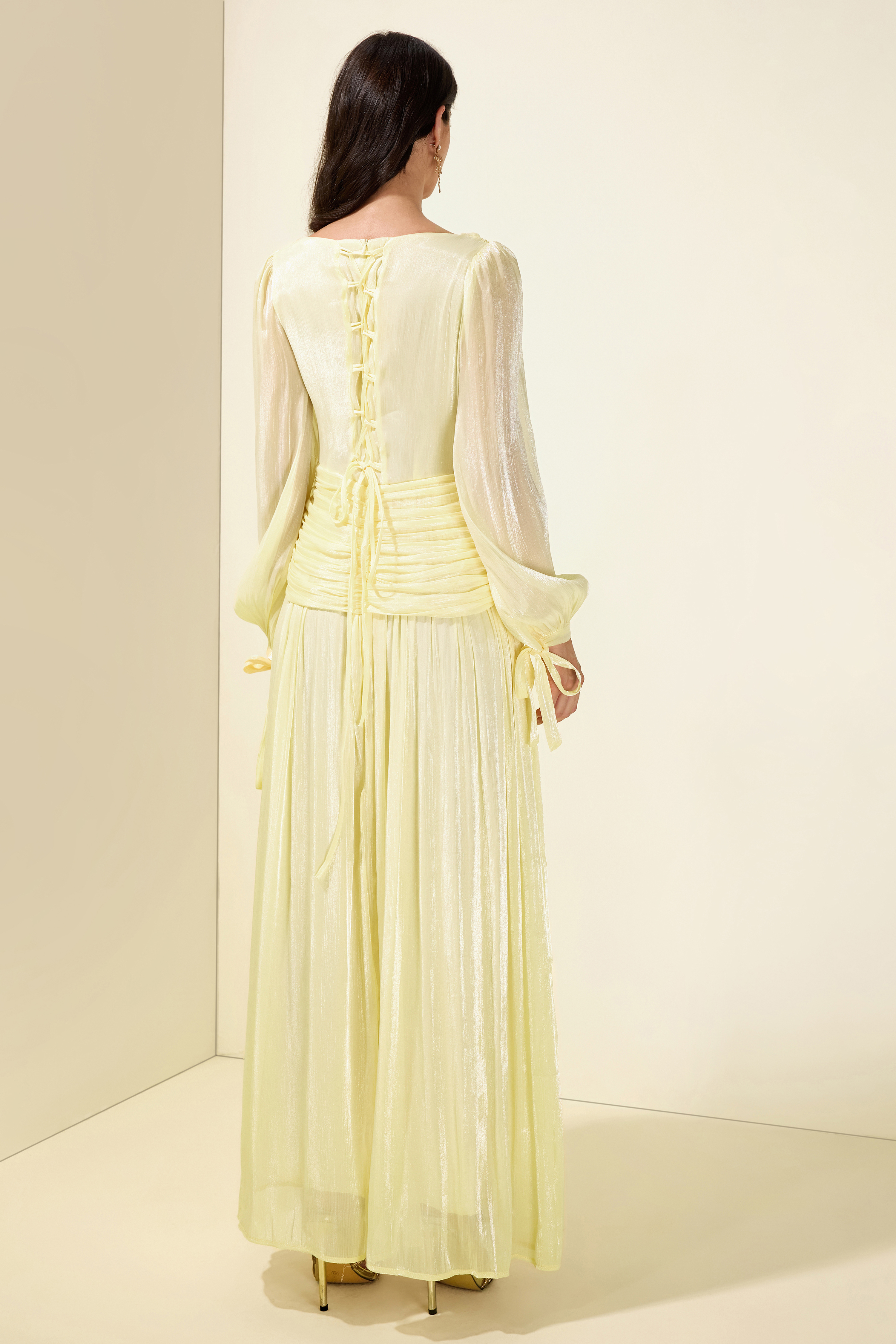 Boat Neck Long Sleeve Gathering Bodycon Maxi Dress