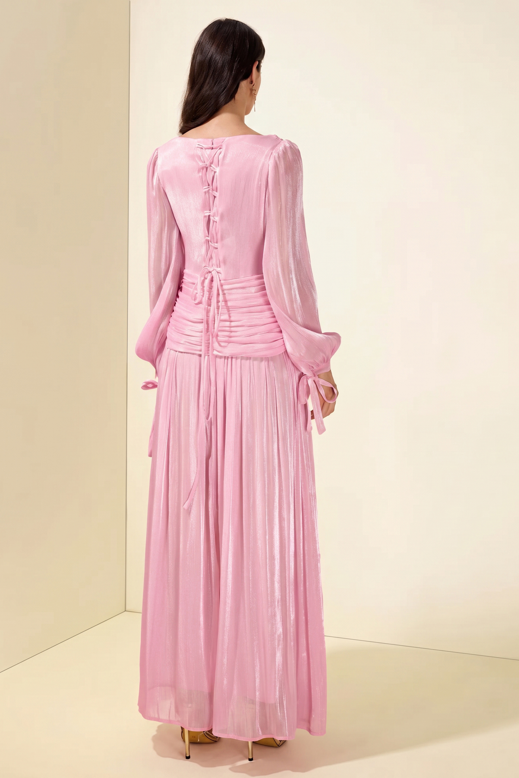 Boat Neck Long Sleeve Gathering Bodycon Maxi Dress