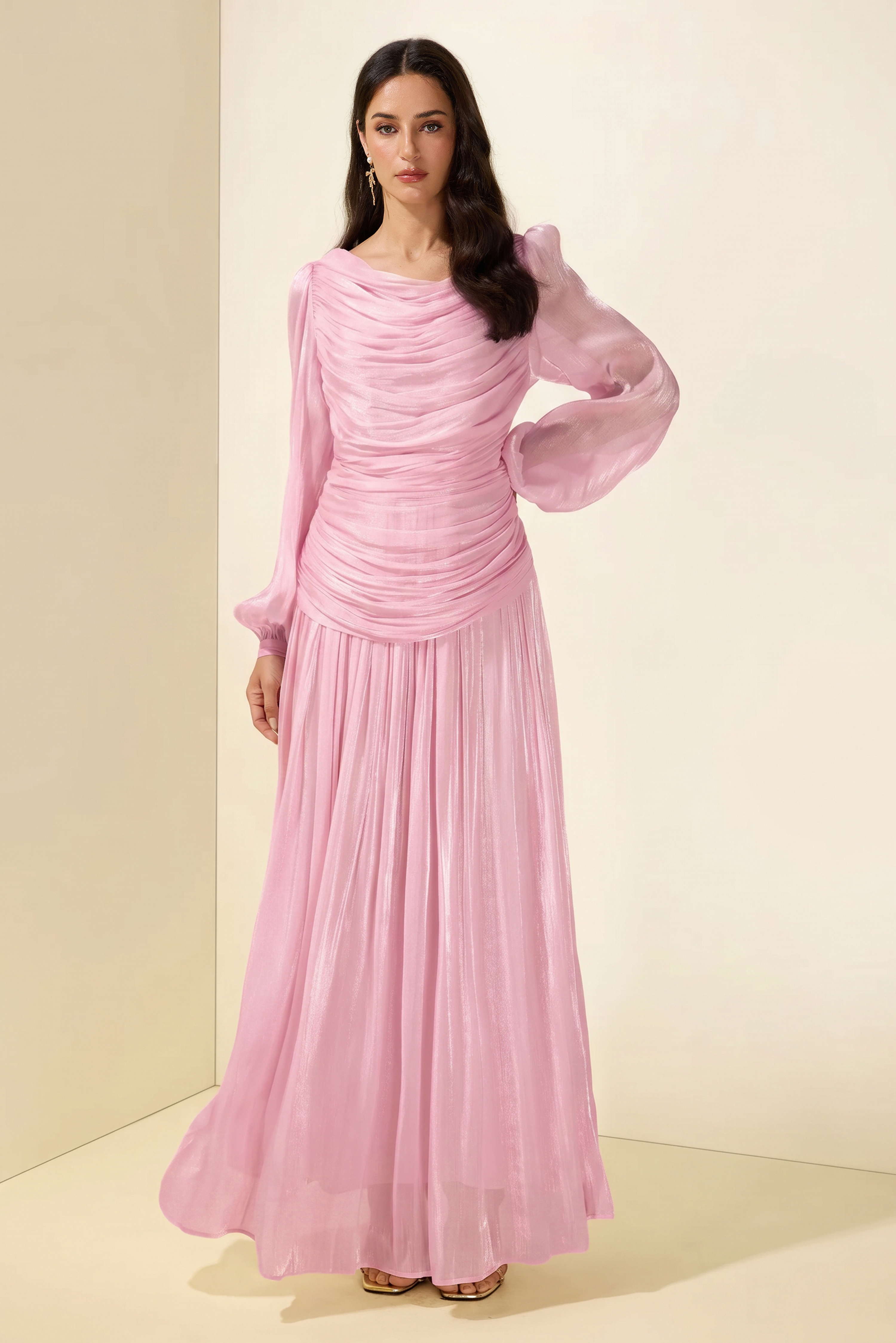 Boat Neck Long Sleeve Gathering Bodycon Maxi Dress