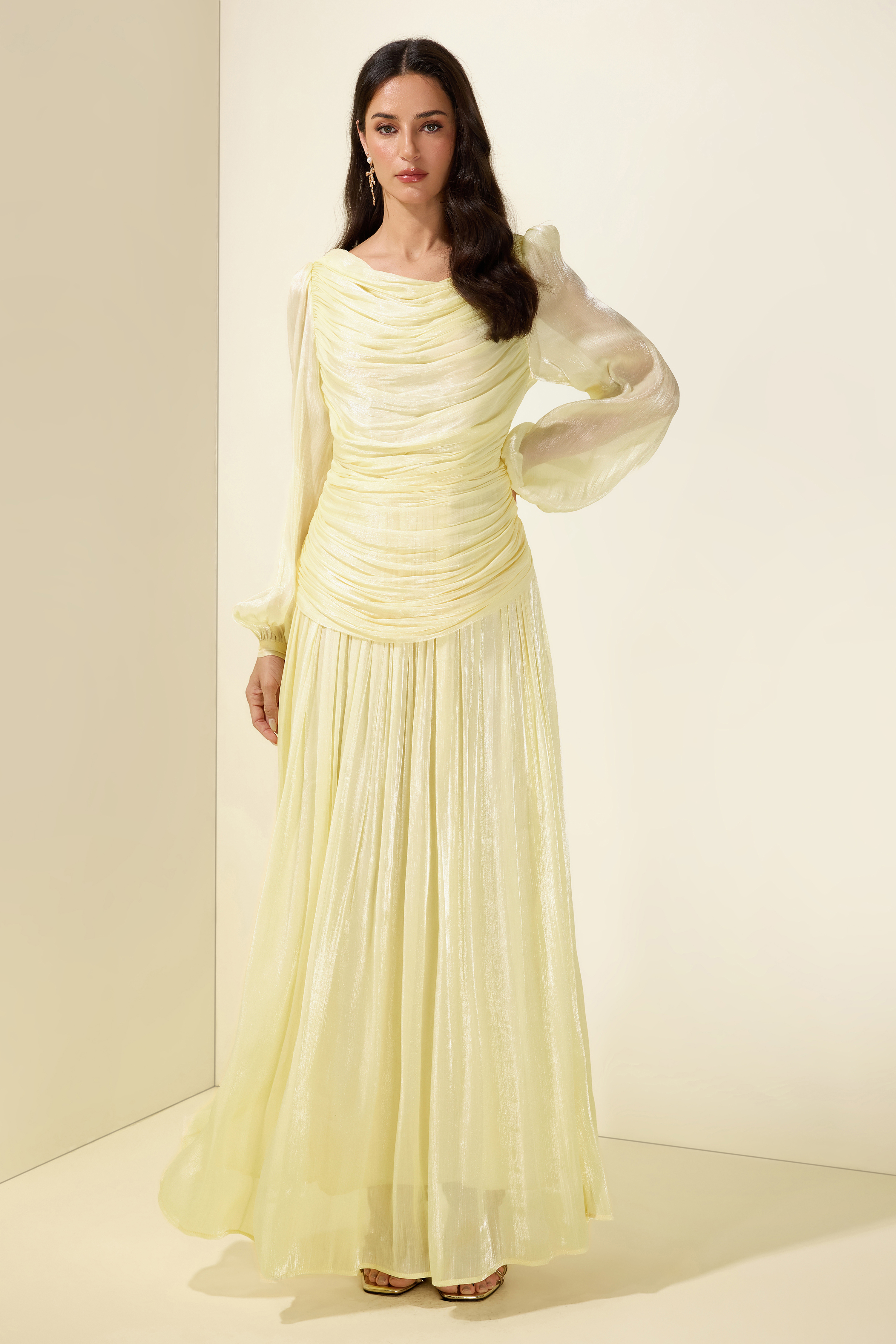 Boat Neck Long Sleeve Gathering Bodycon Maxi Dress