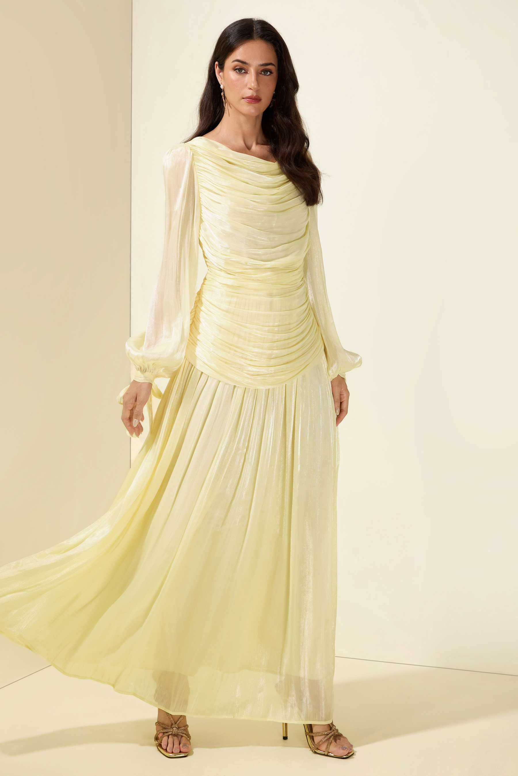 Boat Neck Long Sleeve Gathering Bodycon Maxi Dress