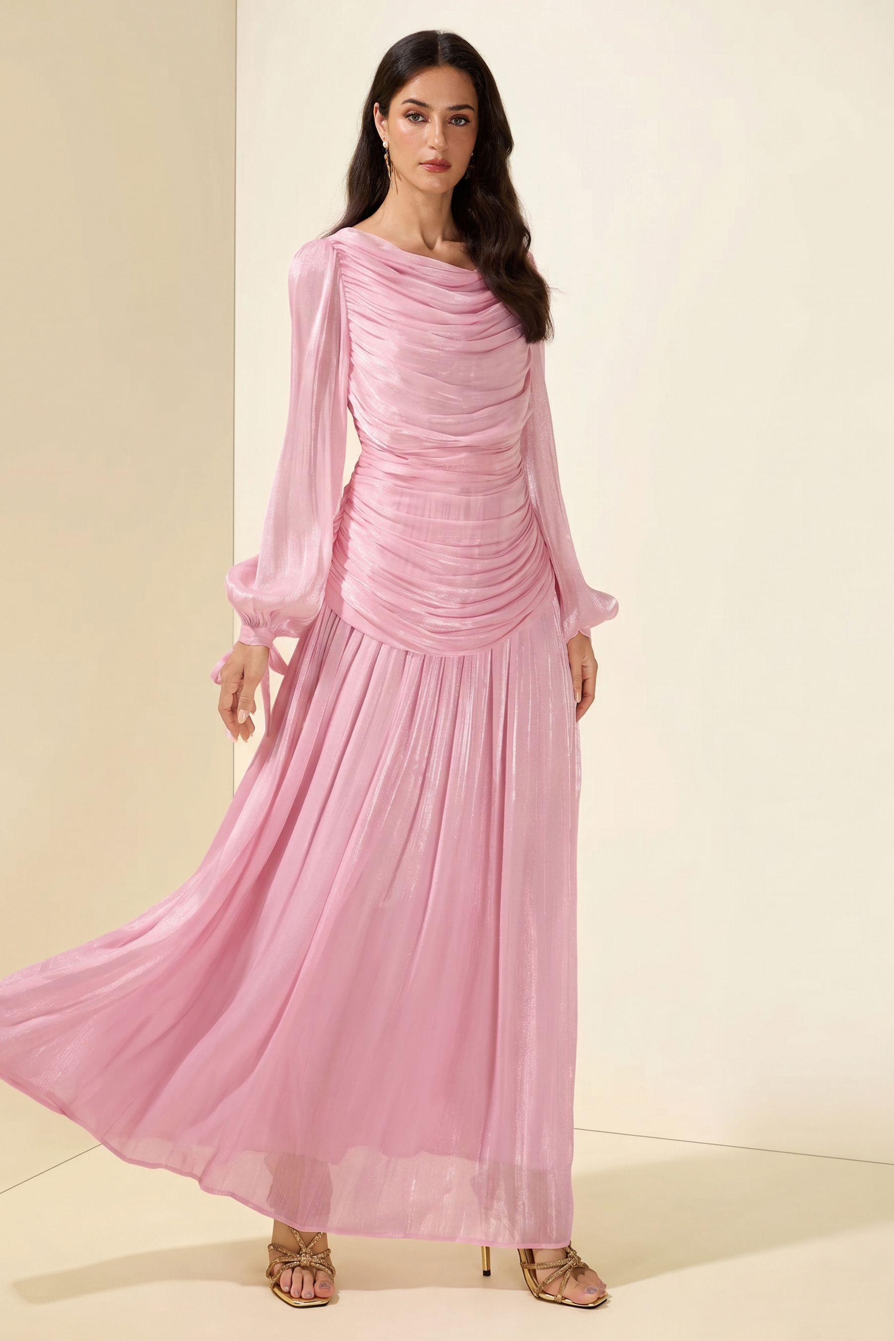 Boat Neck Long Sleeve Gathering Bodycon Maxi Dress