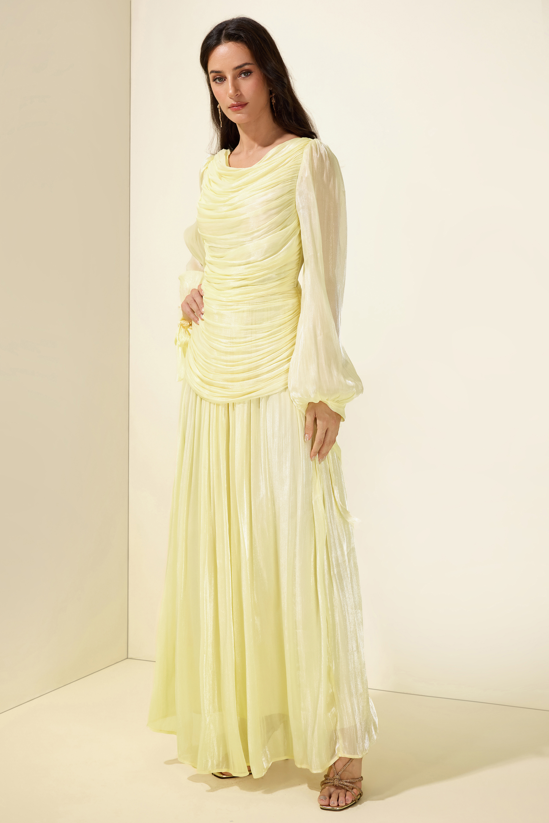 Boat Neck Long Sleeve Gathering Bodycon Maxi Dress